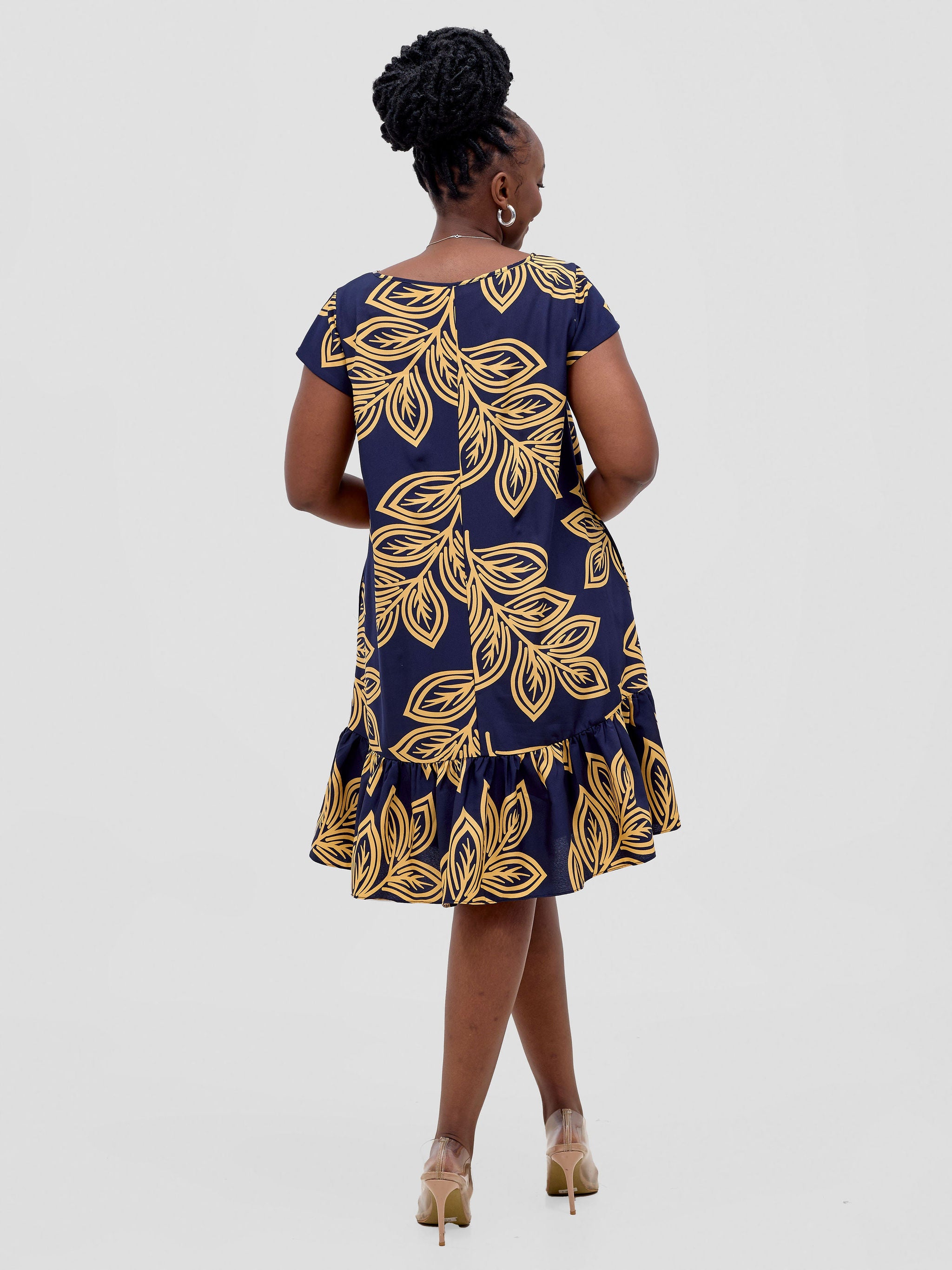 Vivo Dalia Cap Sleeve Gathered Tent Dress - Dark Navy / Yellow Print