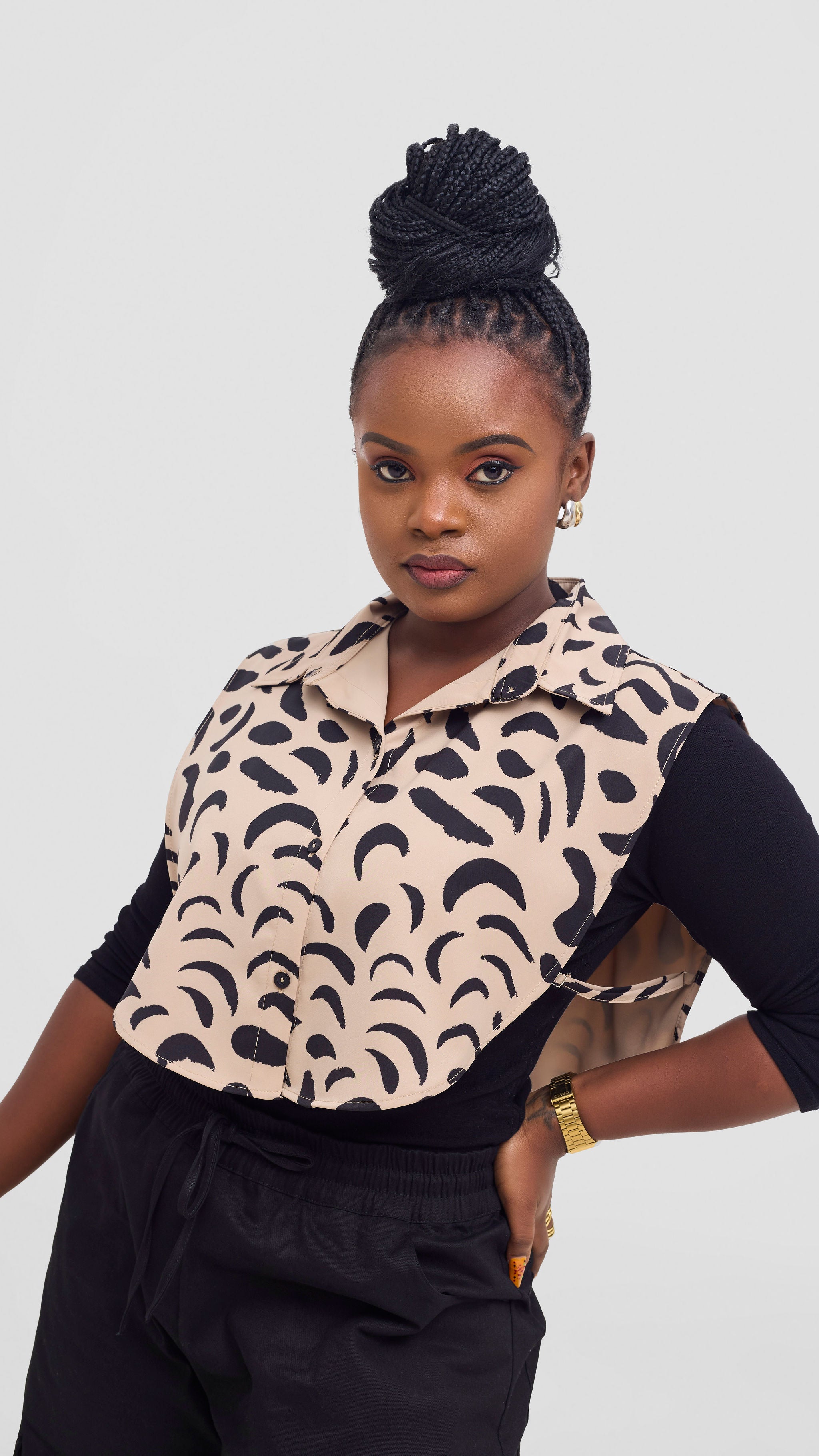 Shiv & Shikie X Safari Faux Collar Printed Shirt - Taupe/Black Ezi Print