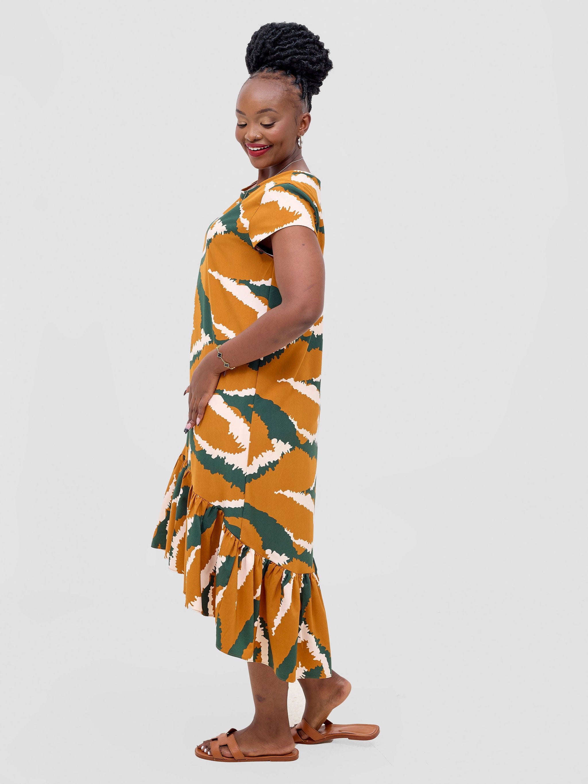 Vivo Ayana Cap Sleeve High Low Tent Dress - Rust / Hunters Print