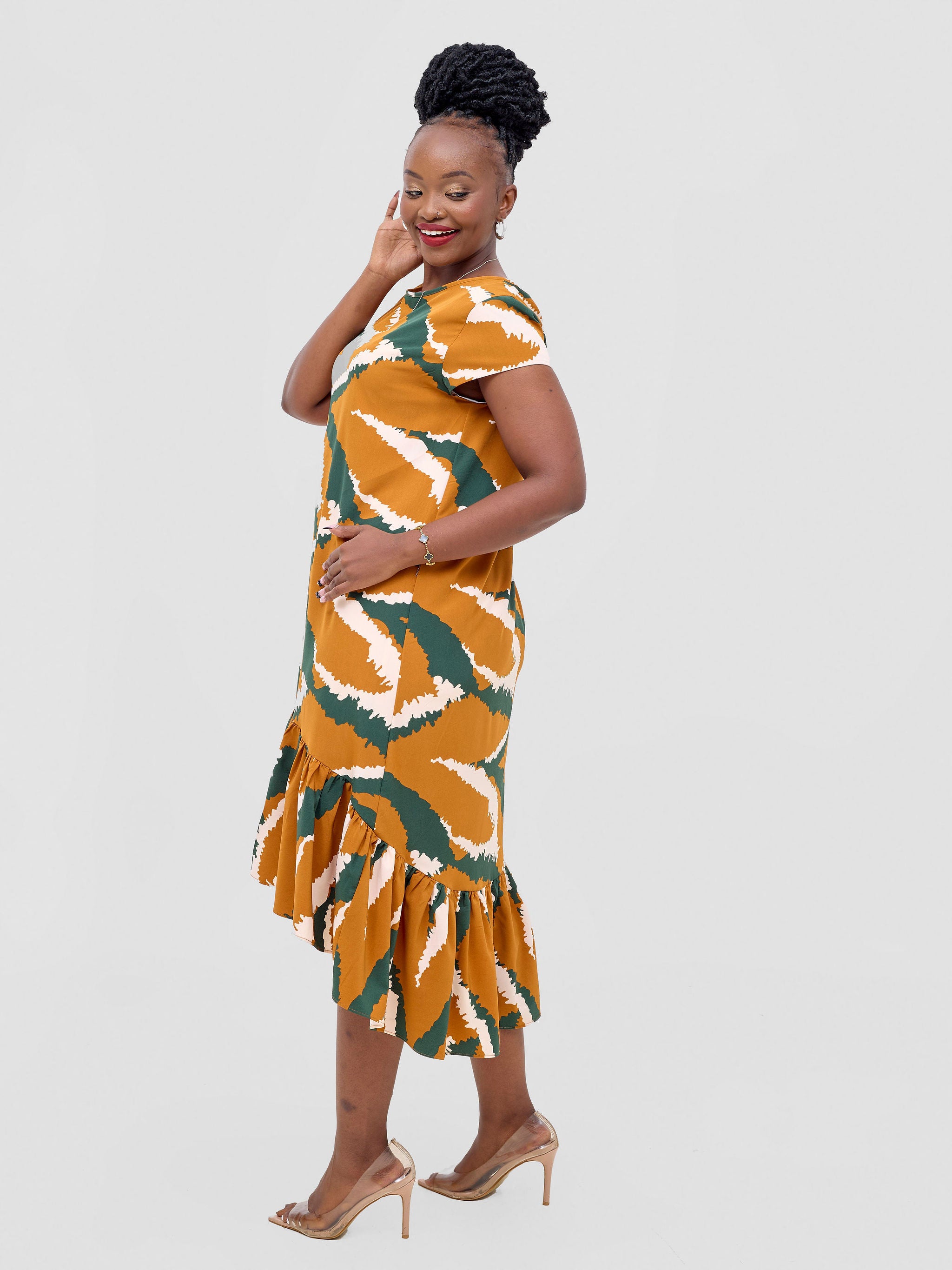 Vivo Ayana Cap Sleeve High Low Tent Dress - Rust / Hunters Print