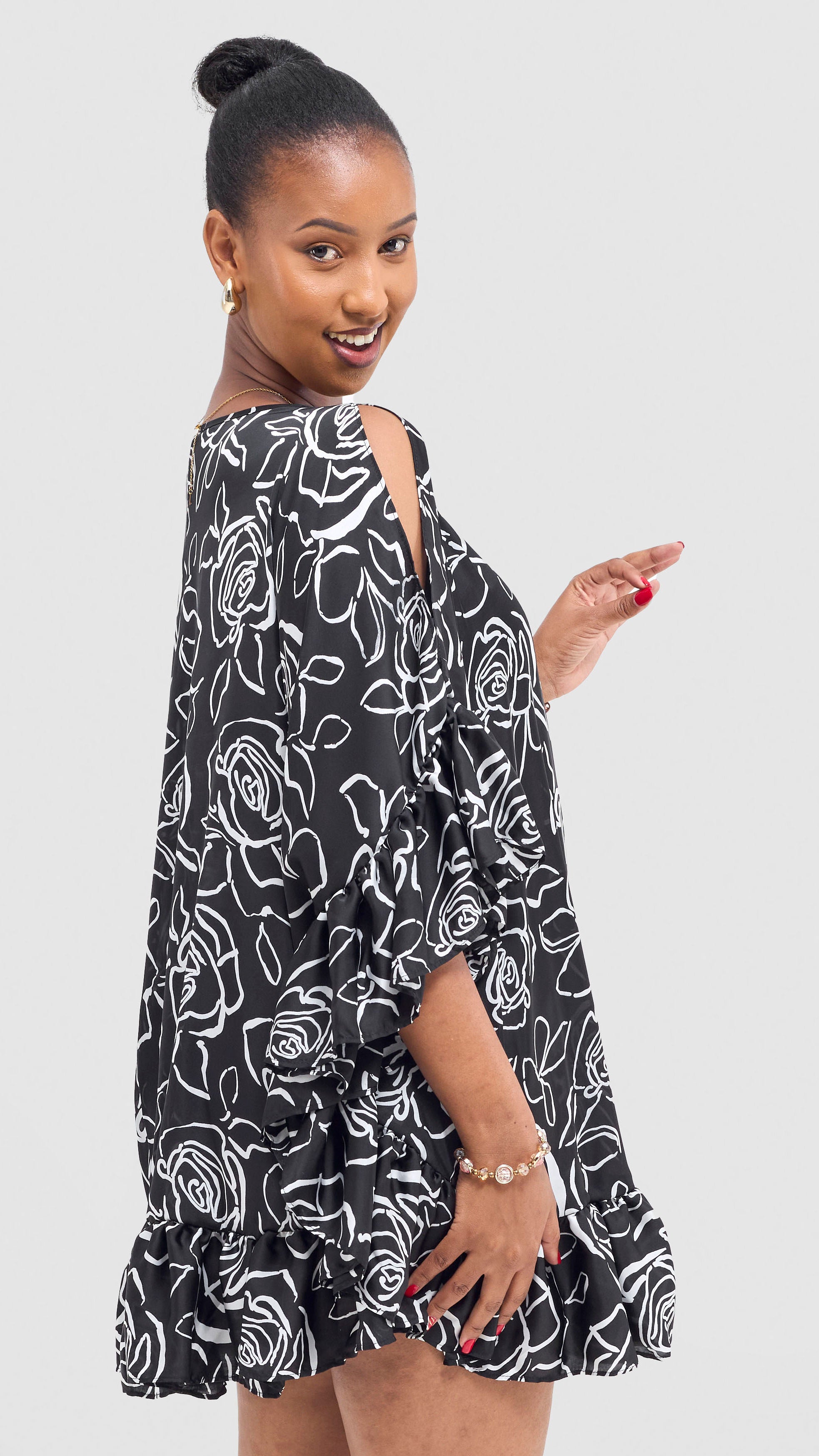 Vivo Chidii Tunic Dress With Frills - Black / White Print