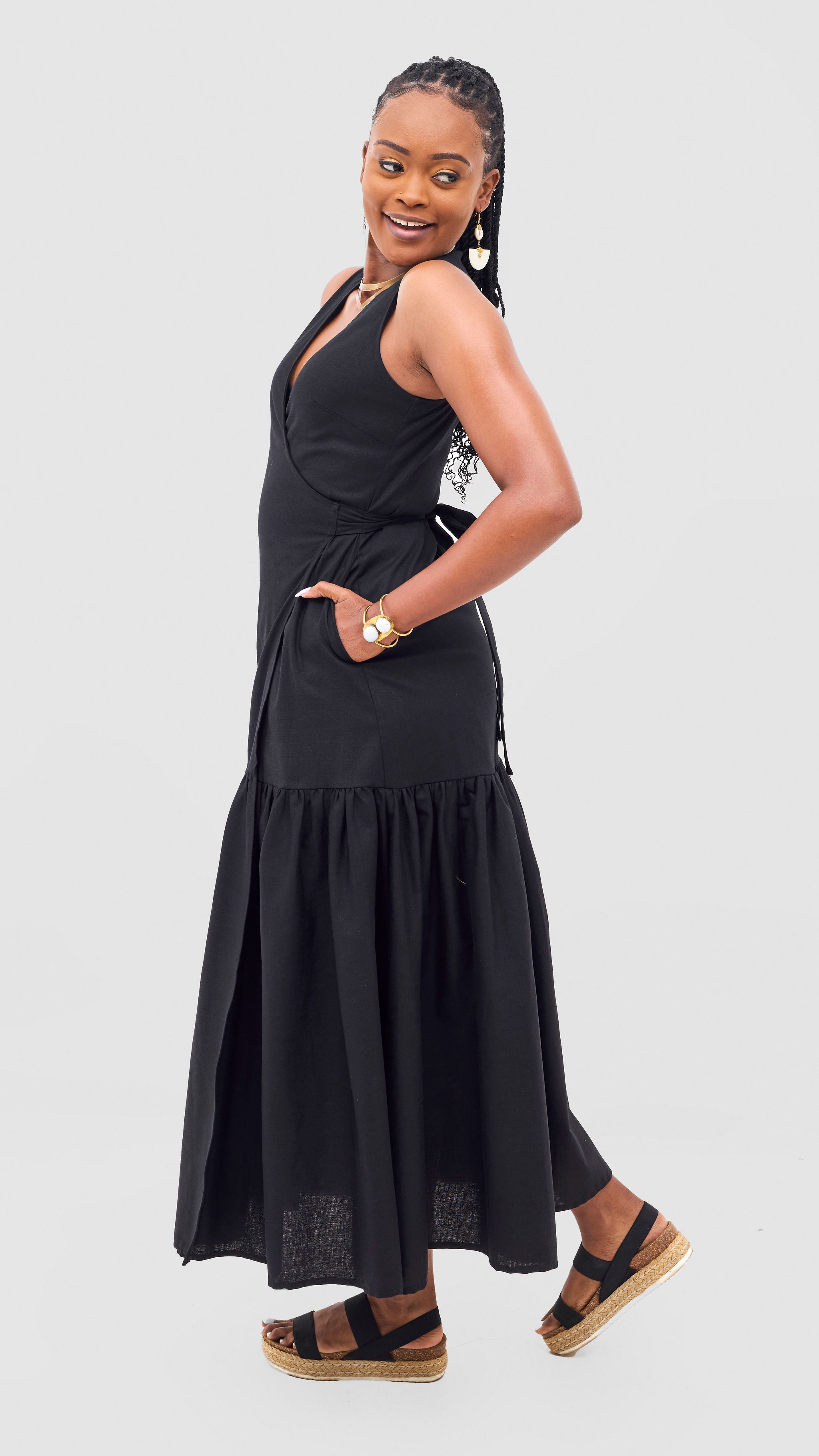 Safari Naledi Gathered Panel Wrap Dress - Black