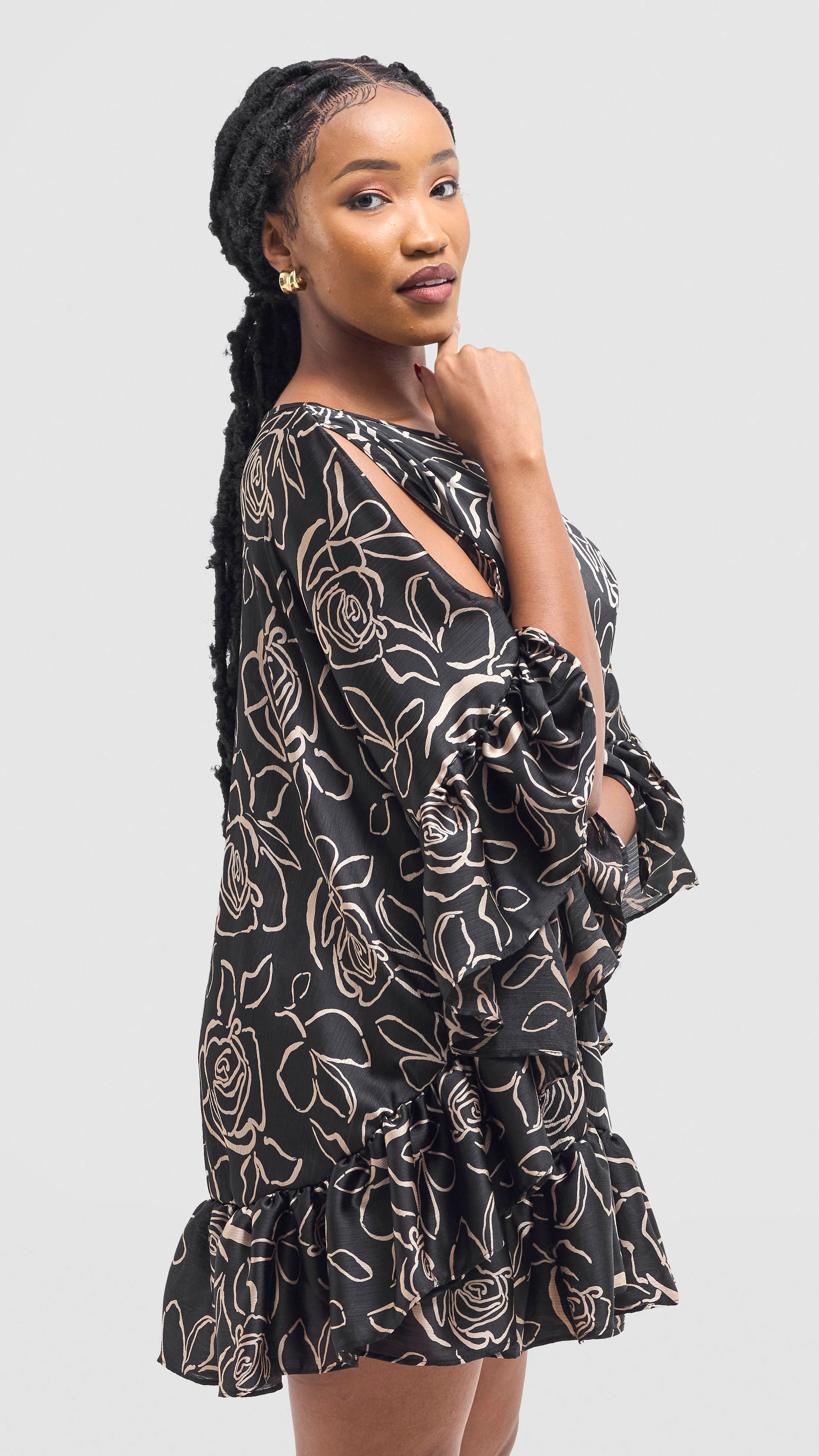 Vivo Chidii Tunic Dress With Frills - Black / Taupe Print