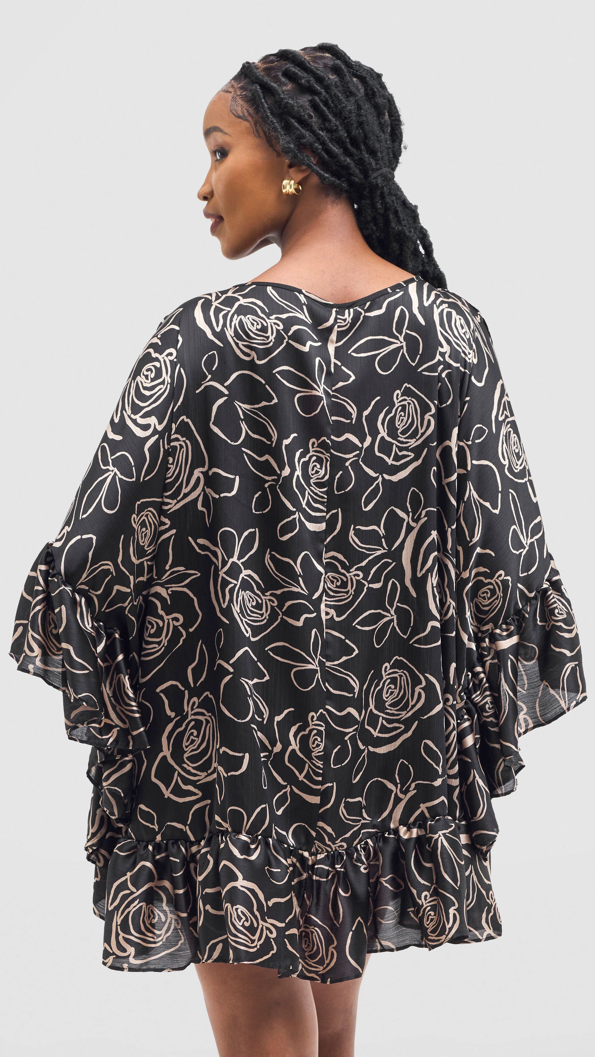 Vivo Chidii Tunic Dress With Frills - Black / Taupe Print