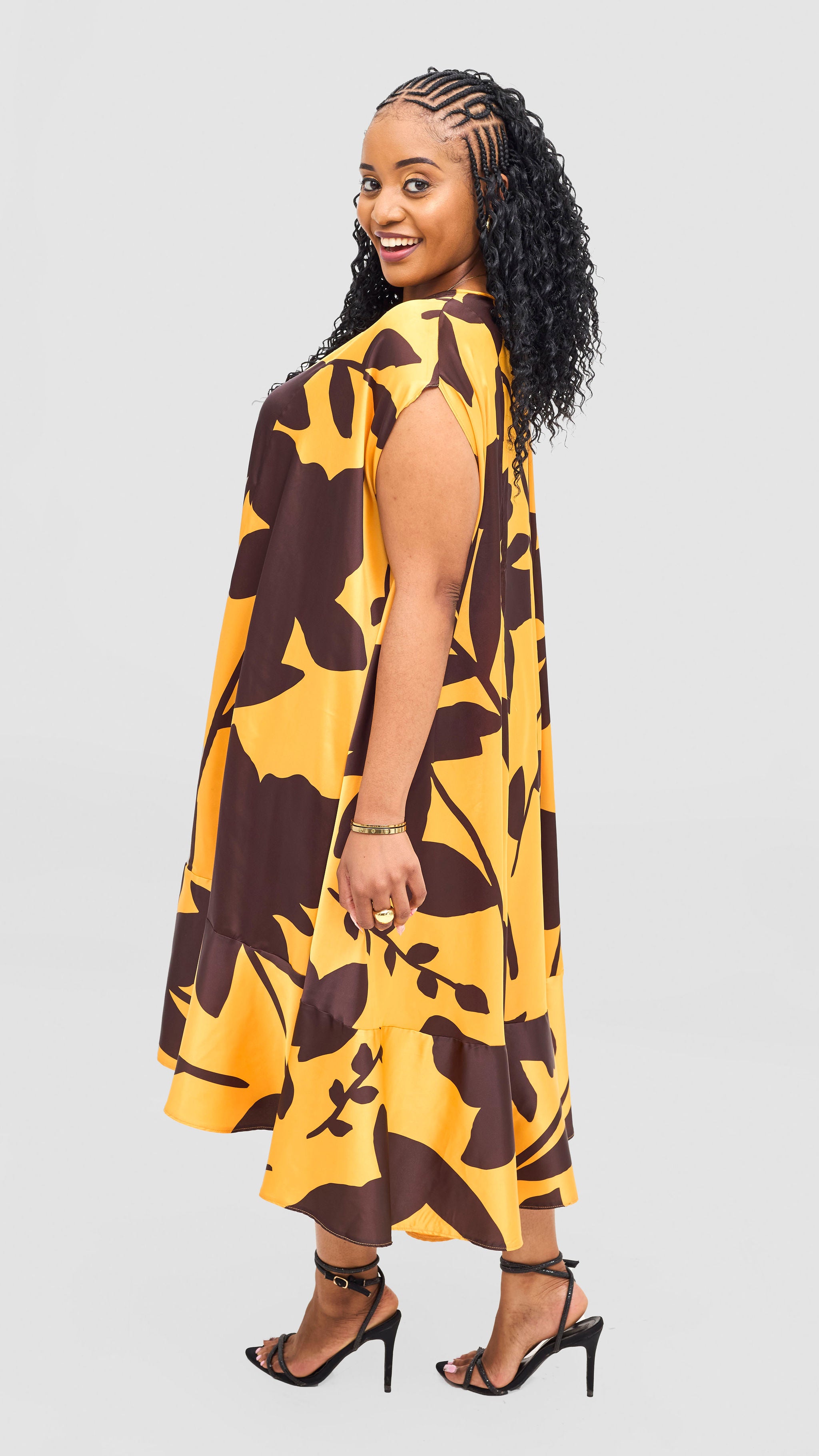 Vivo Samira Cape Dress - Mustard / Dark Brown Voi Print