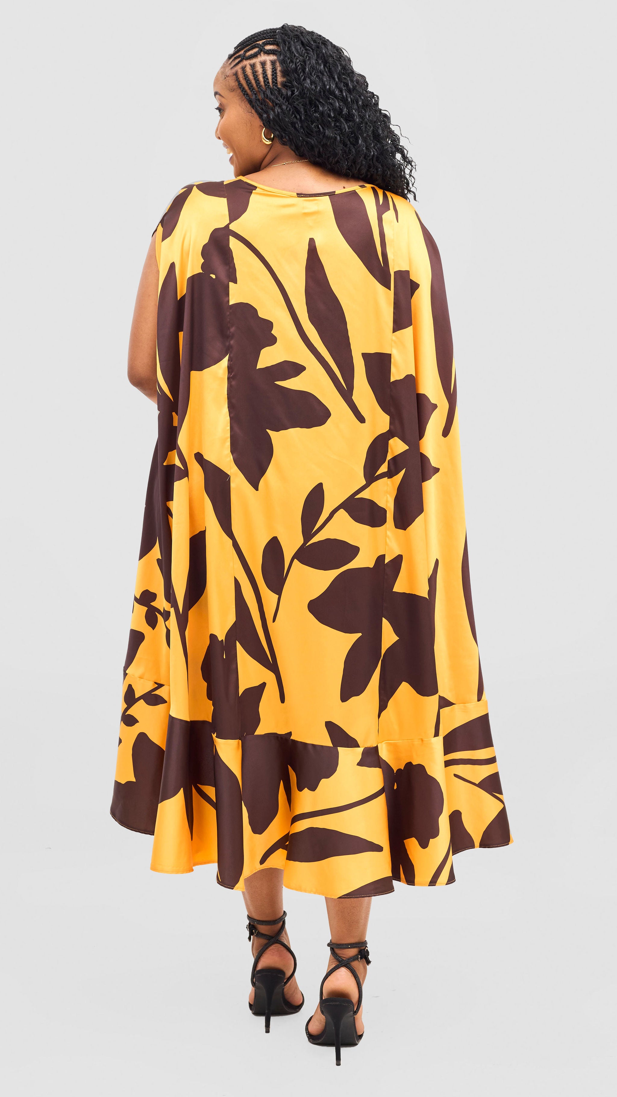 Vivo Samira Cape Dress - Mustard / Dark Brown Voi Print