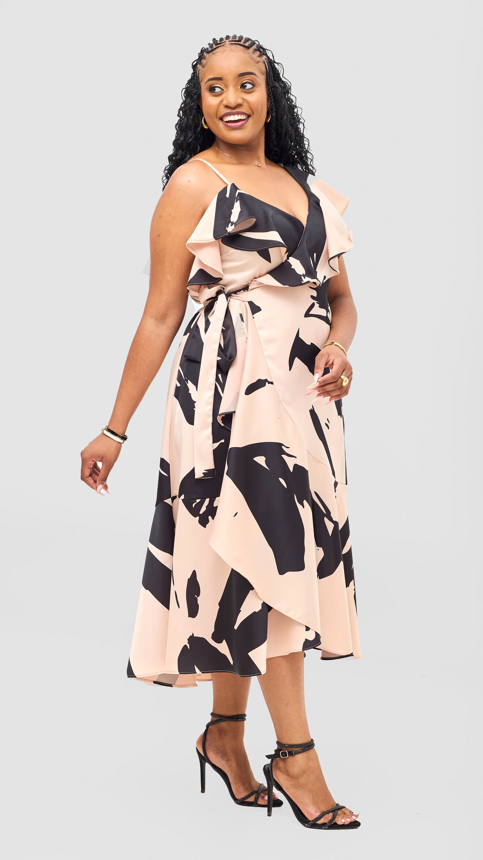 Vivo Beali Wrap Asymmetrical Midi Dress - Taupe / Black Lea Print