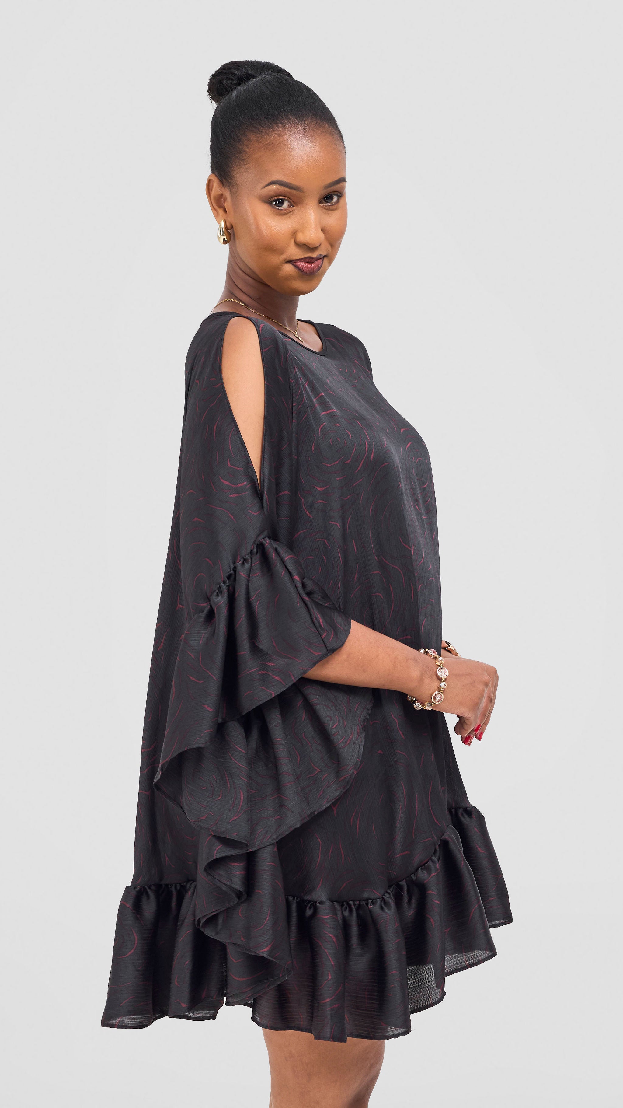 Vivo Chidii Tunic Dress With Frills - Black / Burgundy Print