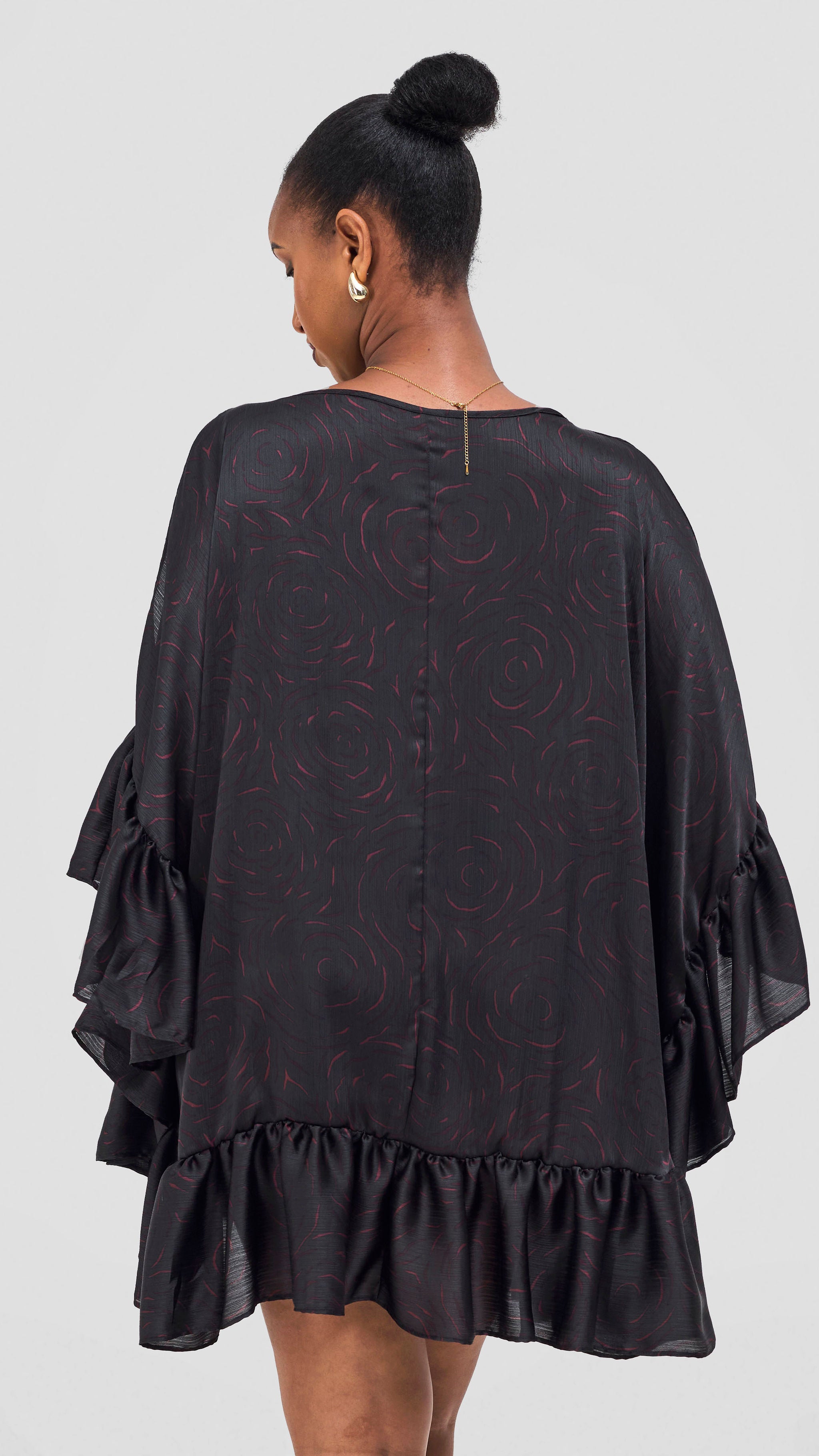 Vivo Chidii Tunic Dress With Frills - Black / Burgundy Print