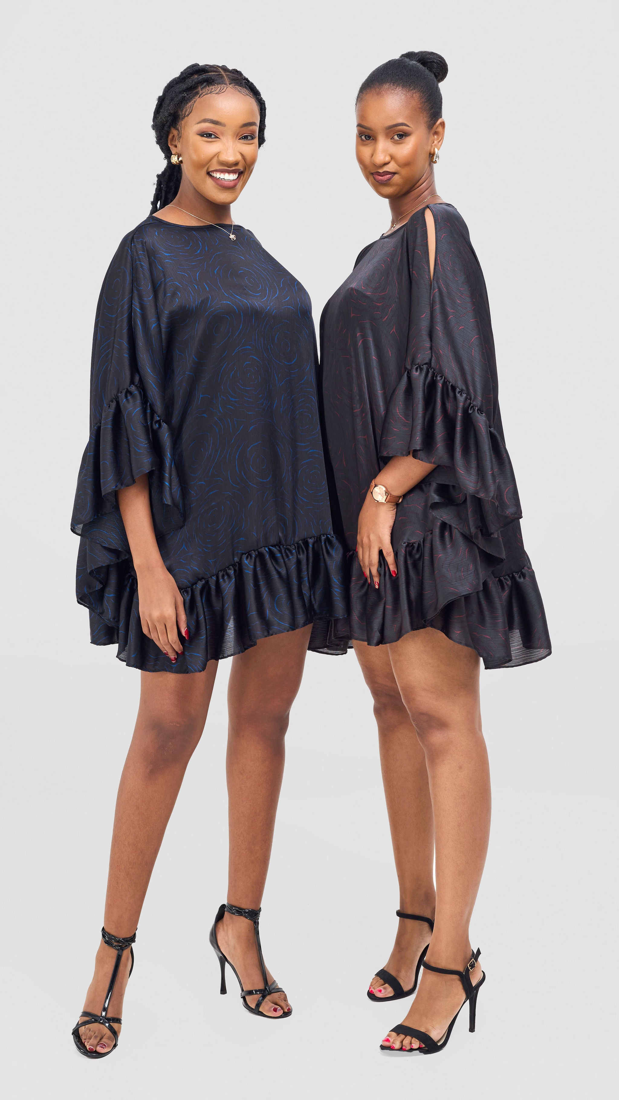 Vivo Chidii Tunic Dress With Frills - Black / Burgundy Print