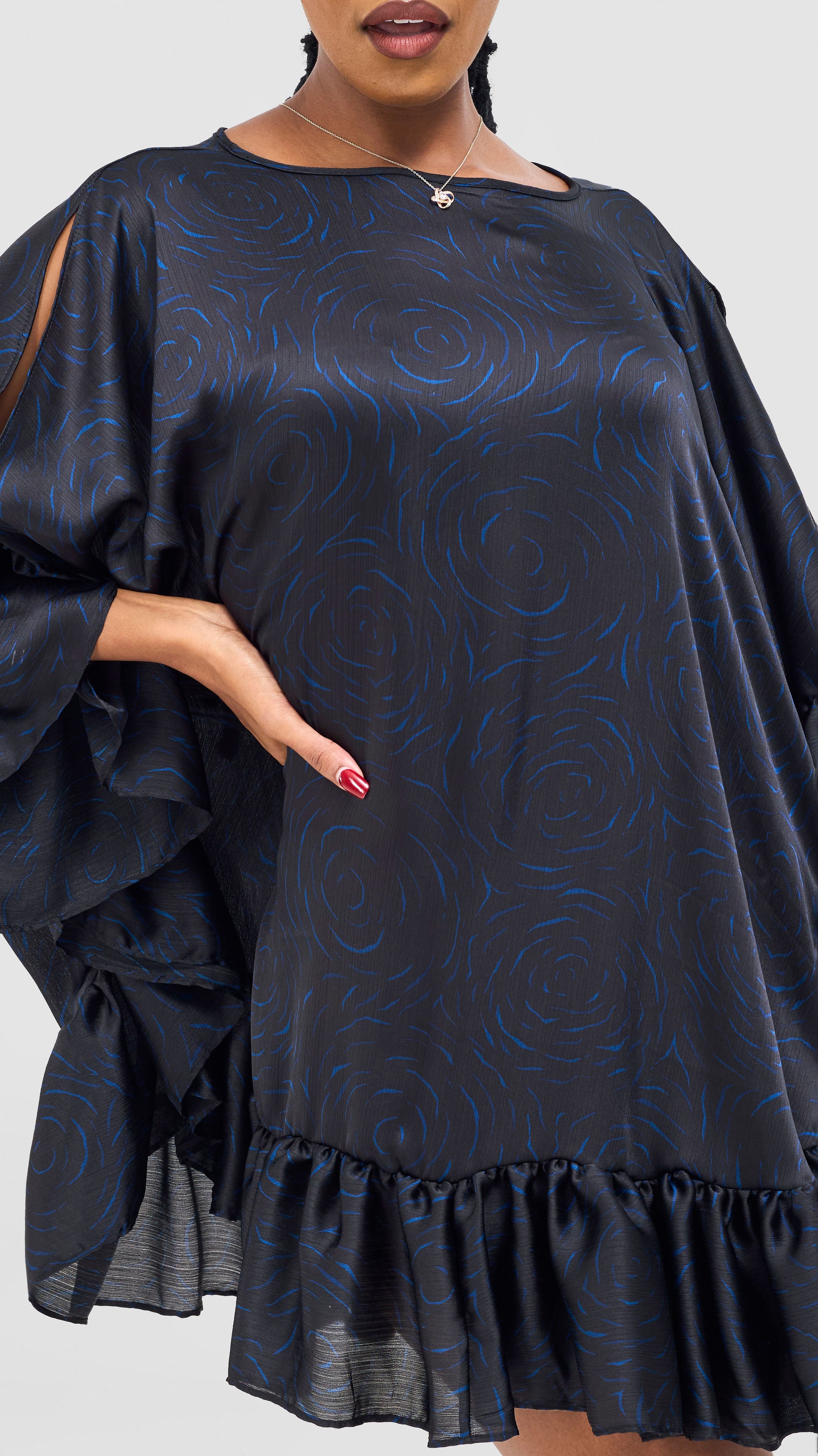 Vivo Chidii Tunic Dress With Frills - Black / Blue Print