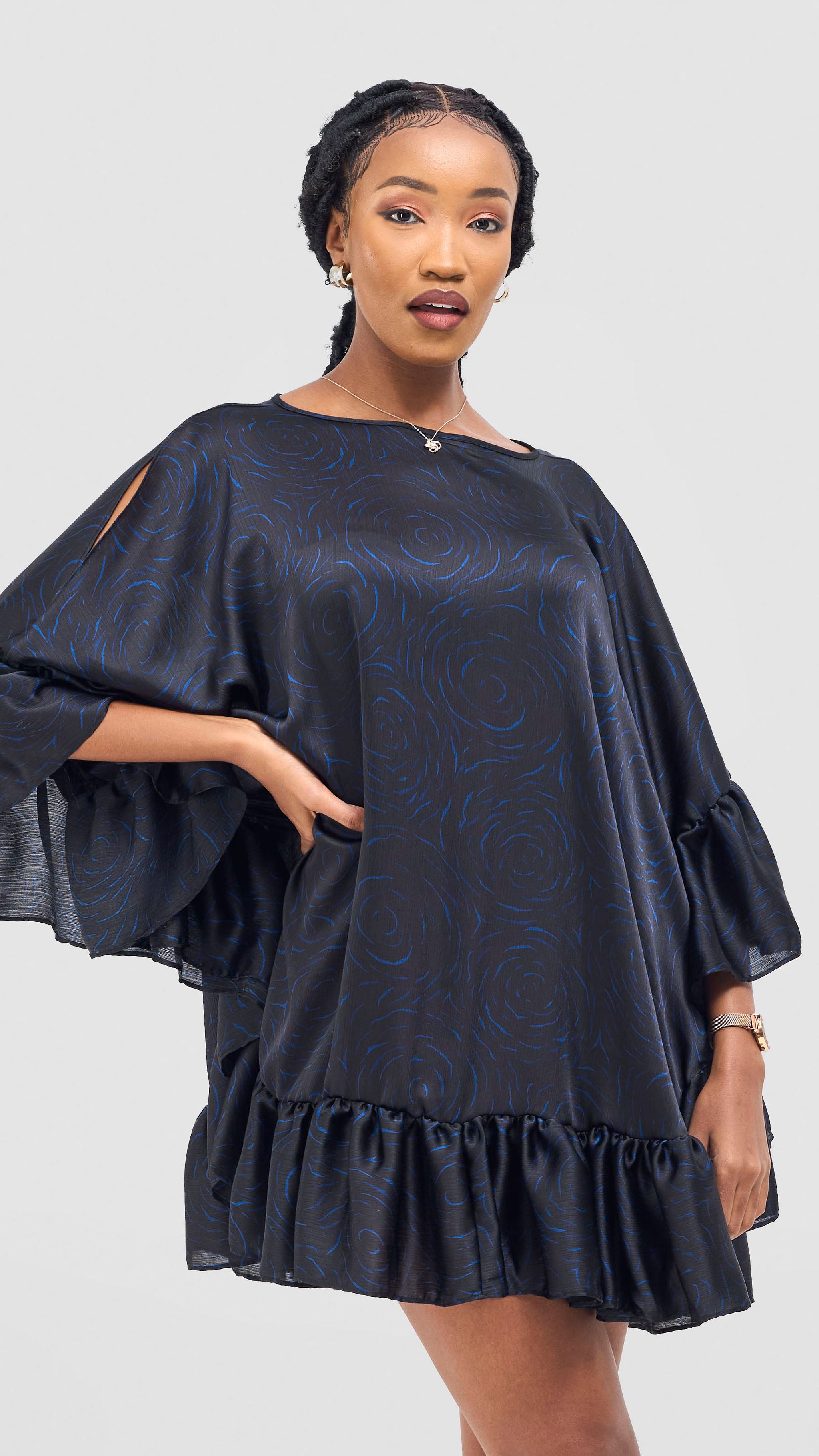 Vivo Chidii Tunic Dress With Frills - Black / Blue Print