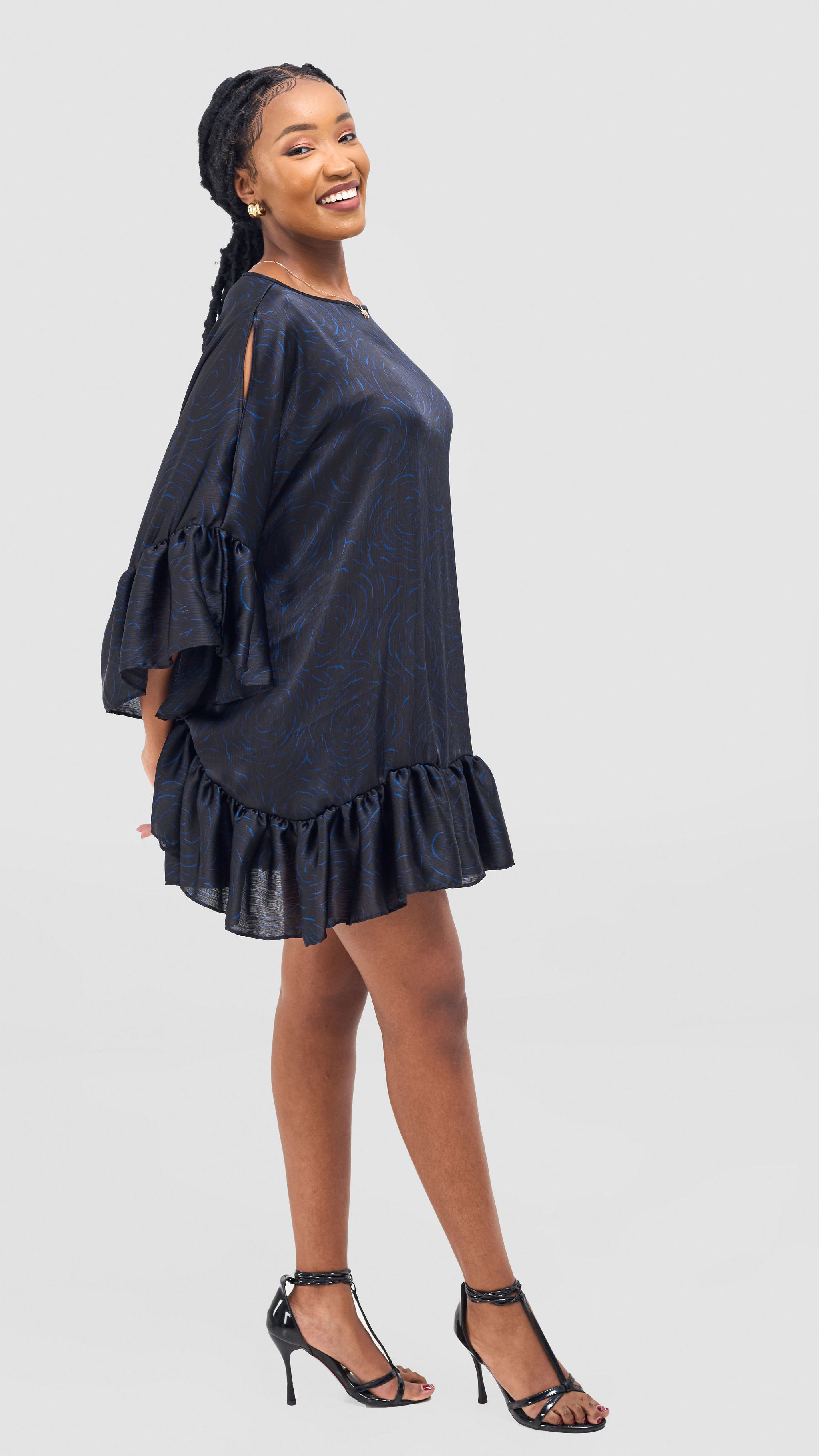 Vivo Chidii Tunic Dress With Frills - Black / Blue Print