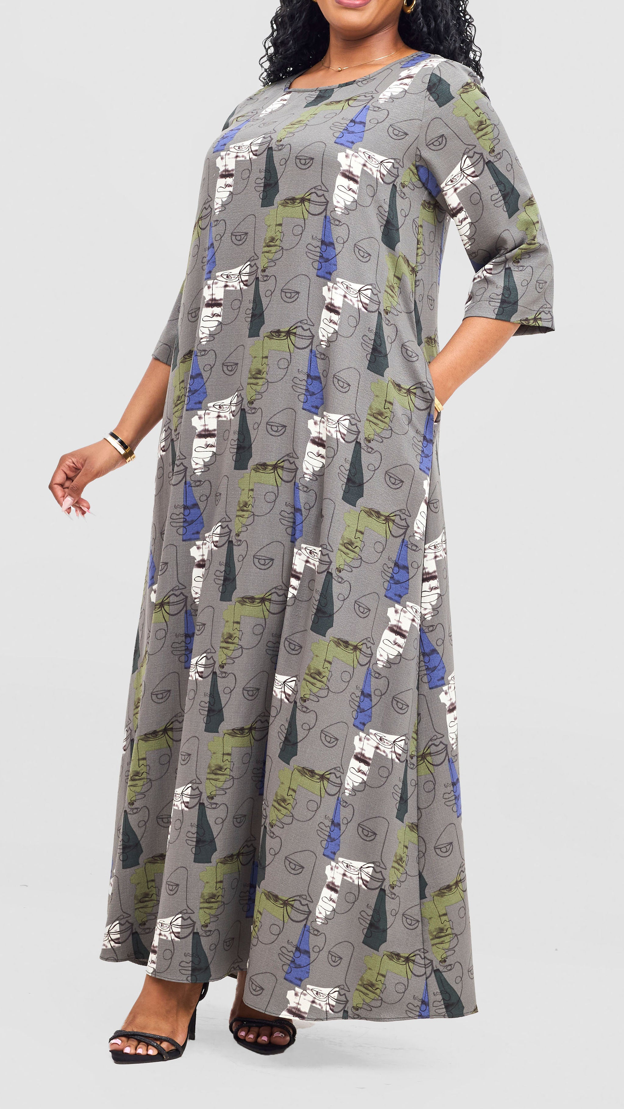 Vivo Maisha 3/4 Sleeve Maxi Dress - Grey / Blue Print