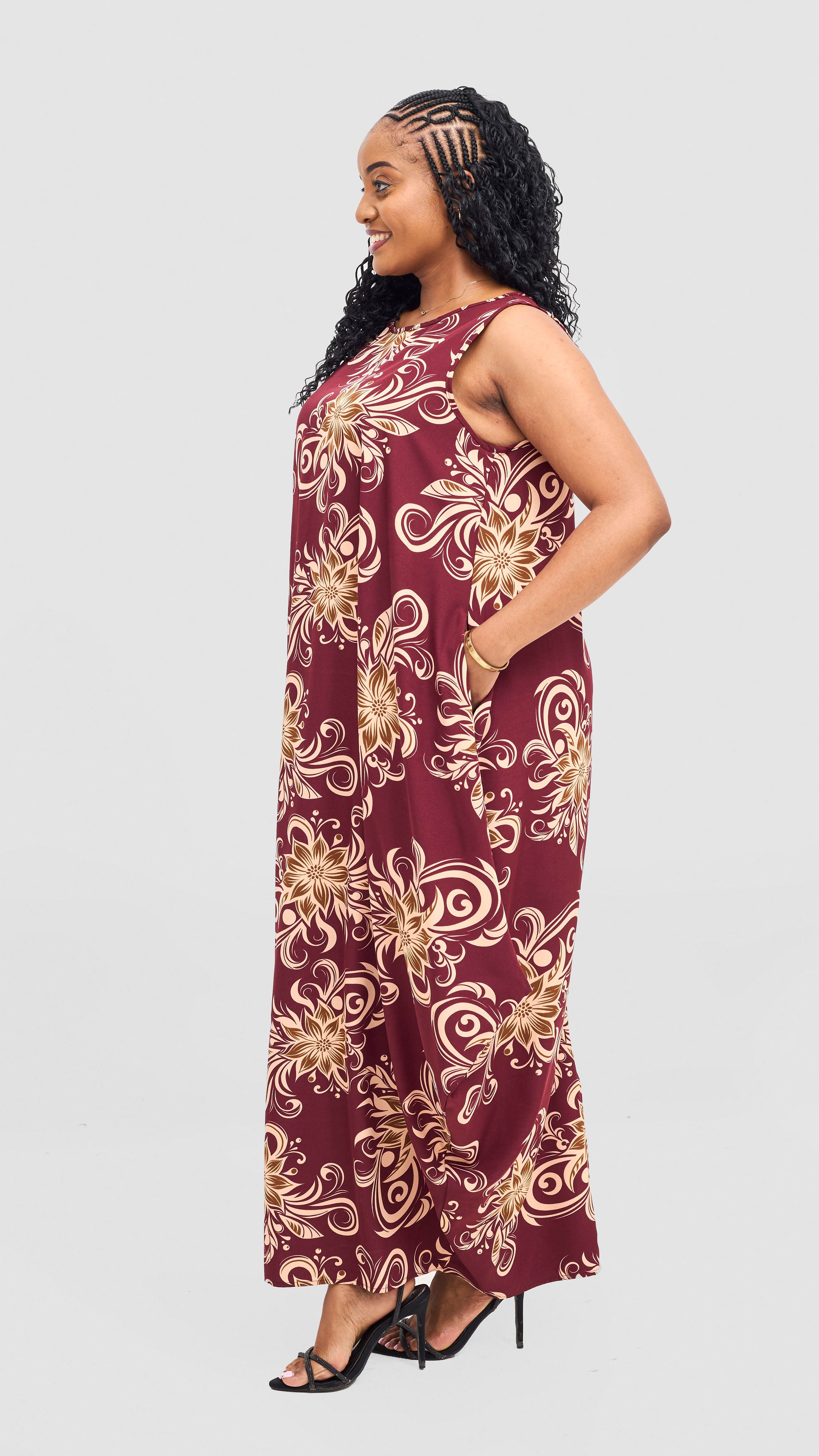 Vivo Seli Maxi Dress - Maroon / Olive Print