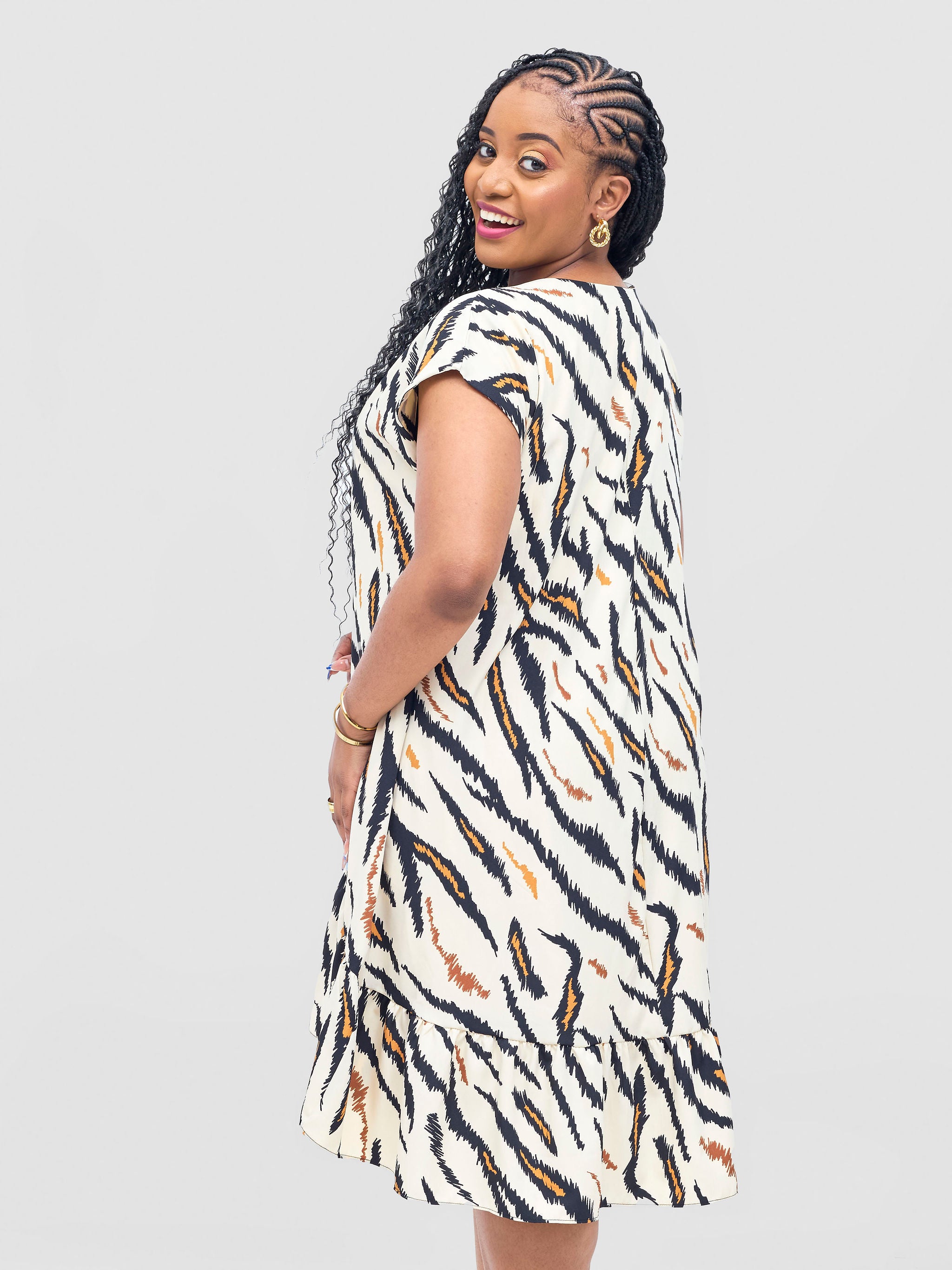 Vivo Asha Drop Shoulder Knee Length Dress - Cream / Mustard Avi Print