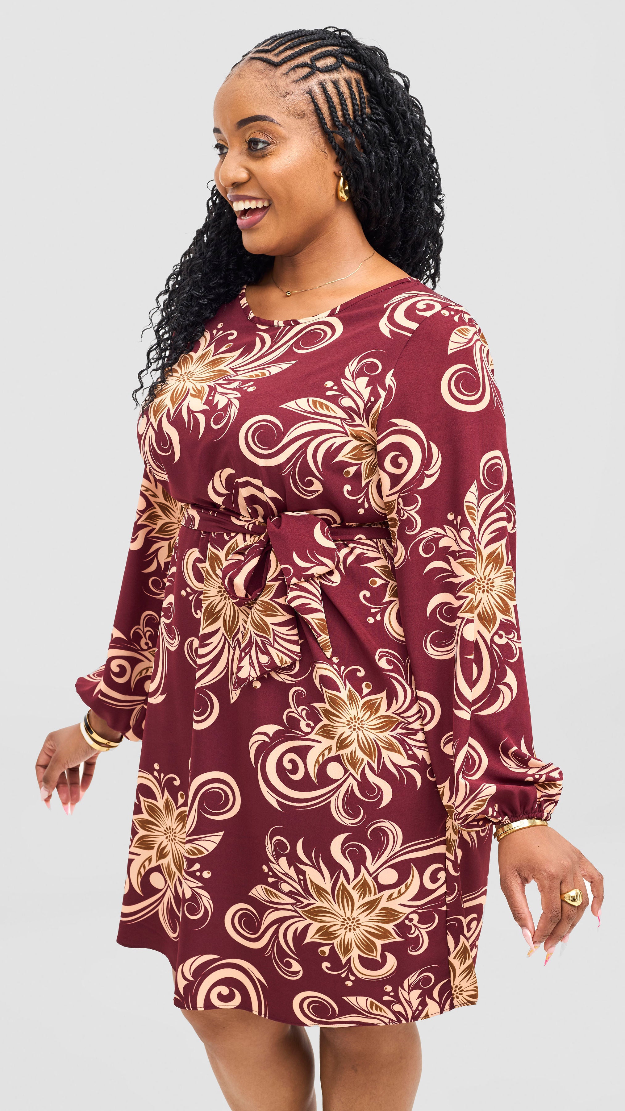 Vivo Zawadi Shift Dress - Maroon / Peach Print