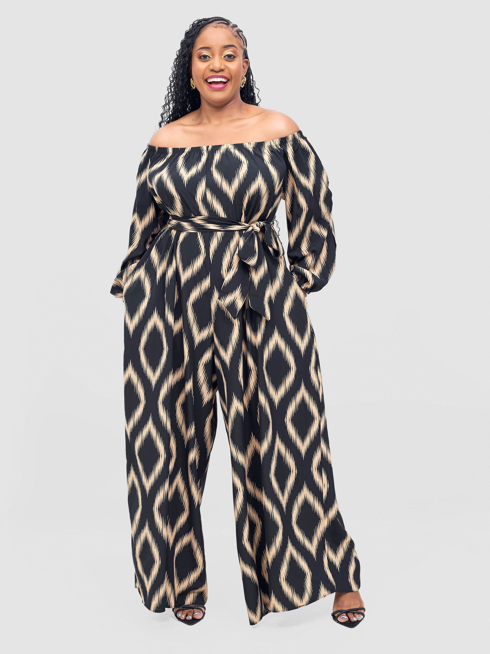 Vivo Yumi Off Shoulder Jumpsuit - Cream / Black Rumi Print