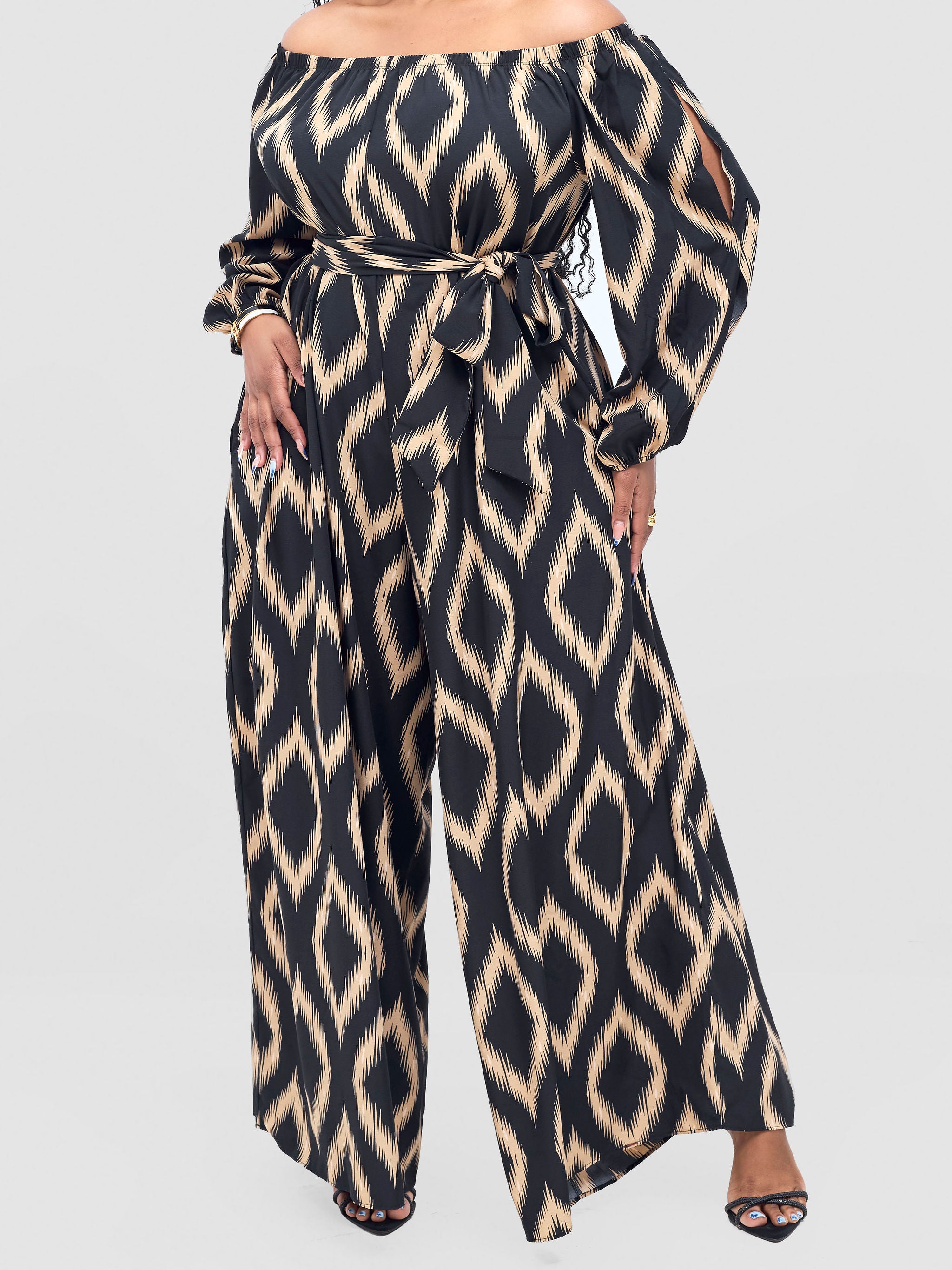 Vivo Yumi Off Shoulder Jumpsuit - Cream / Black Rumi Print