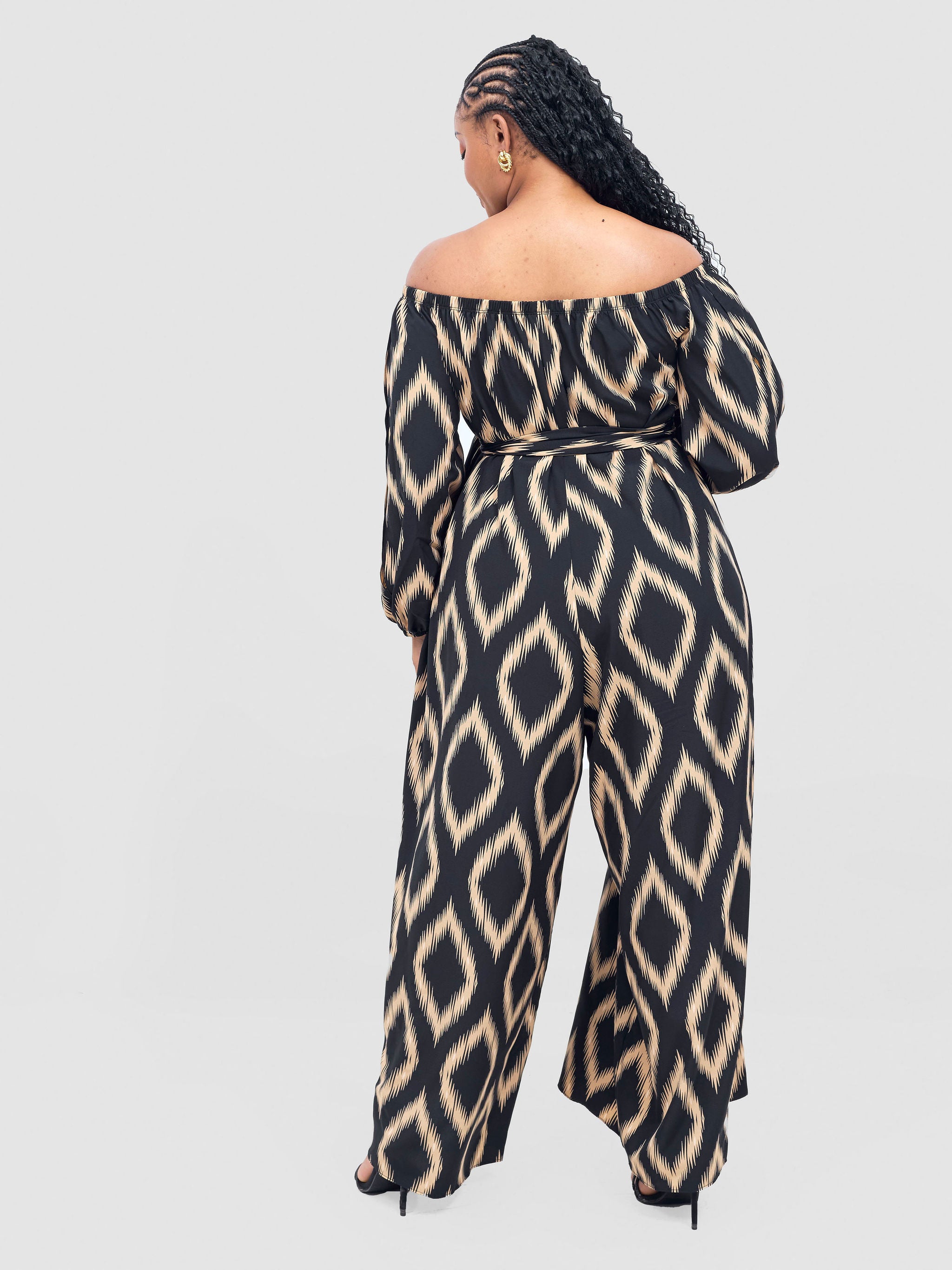 Vivo Yumi Off Shoulder Jumpsuit - Cream / Black Rumi Print