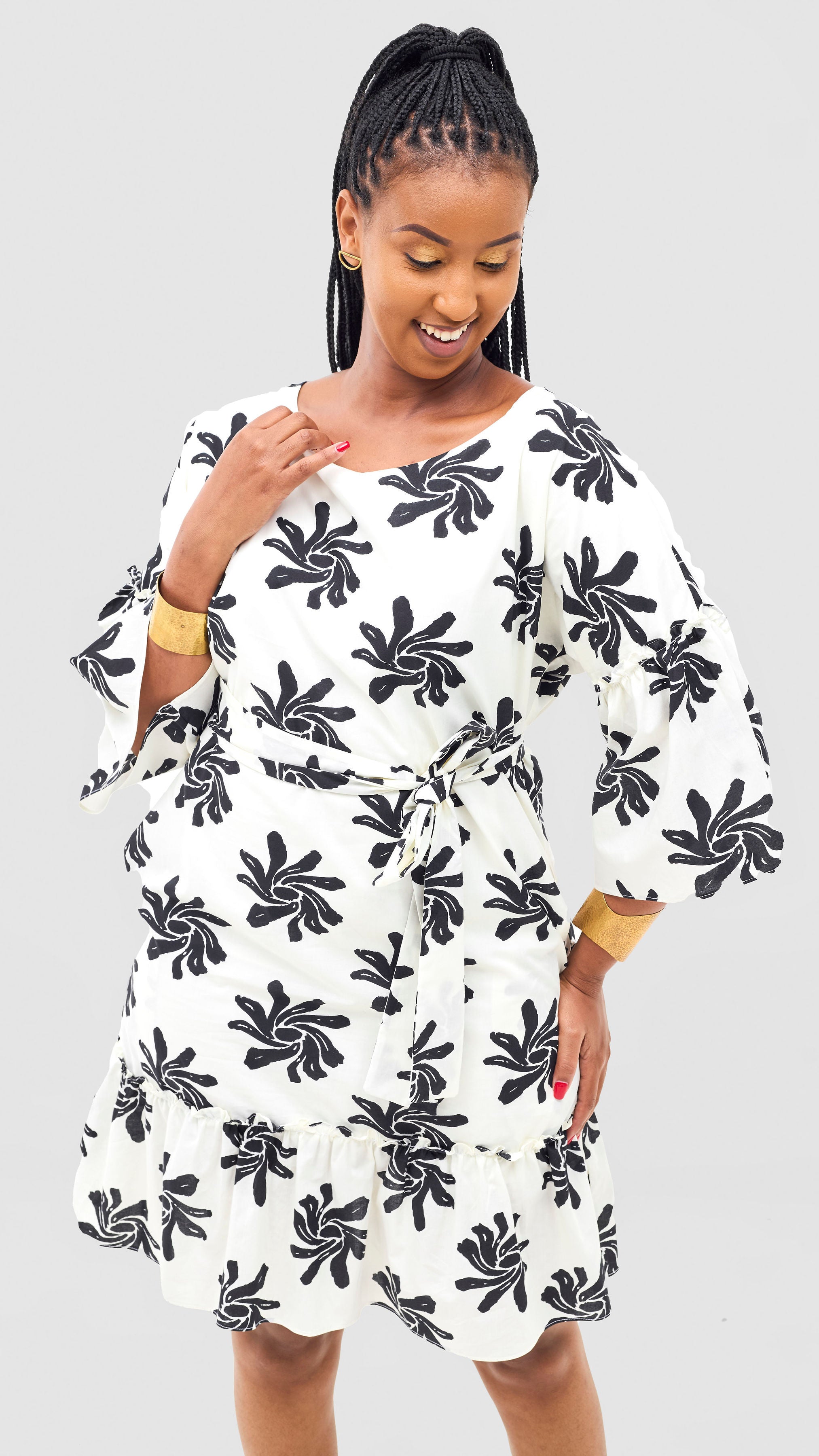 Safari Naledi Flounce Tent Dress - White / Black Nale Print