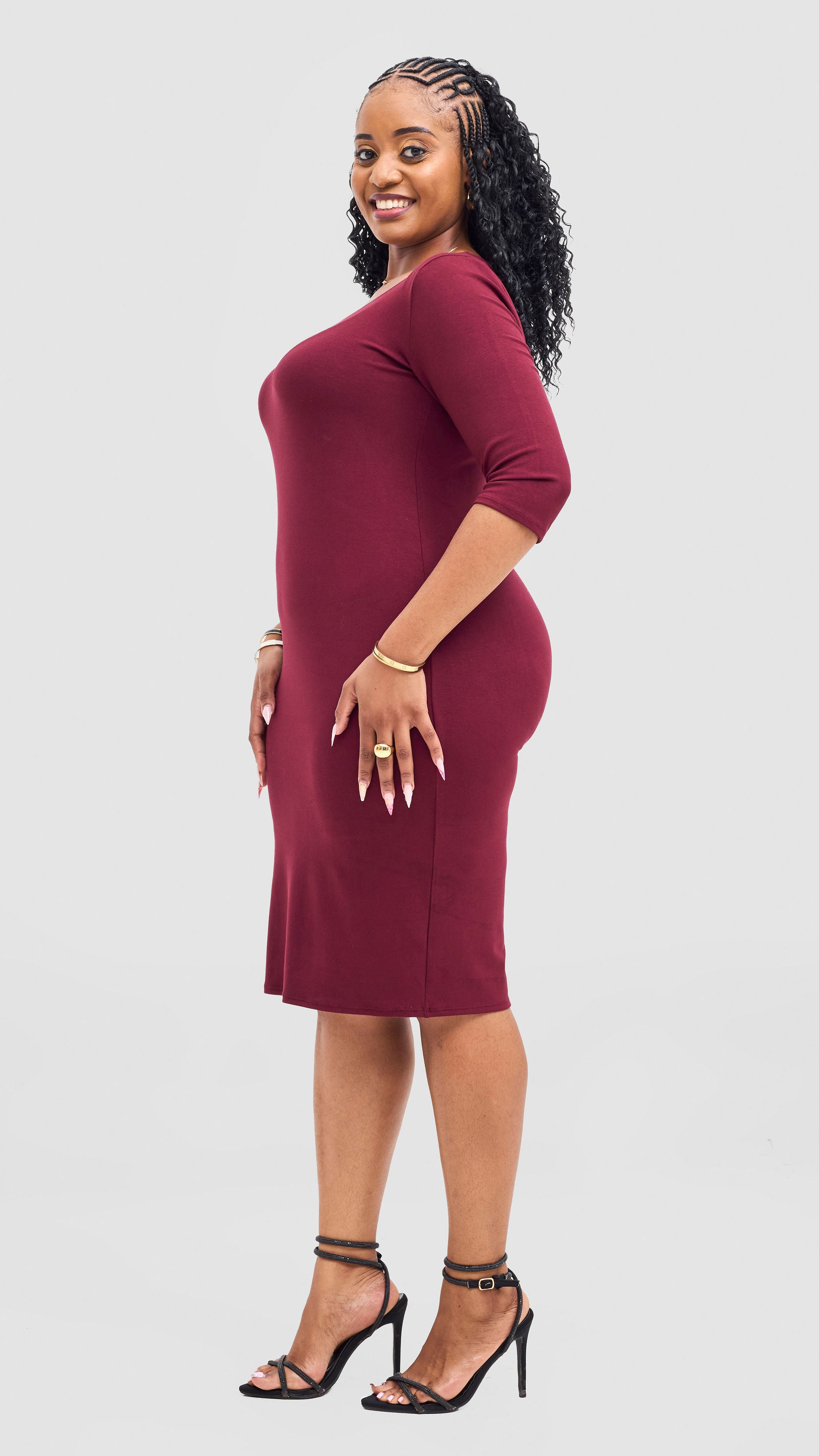 Vivo Basic 3/4 Sleeve Leila Bodycon Dress - Maroon
