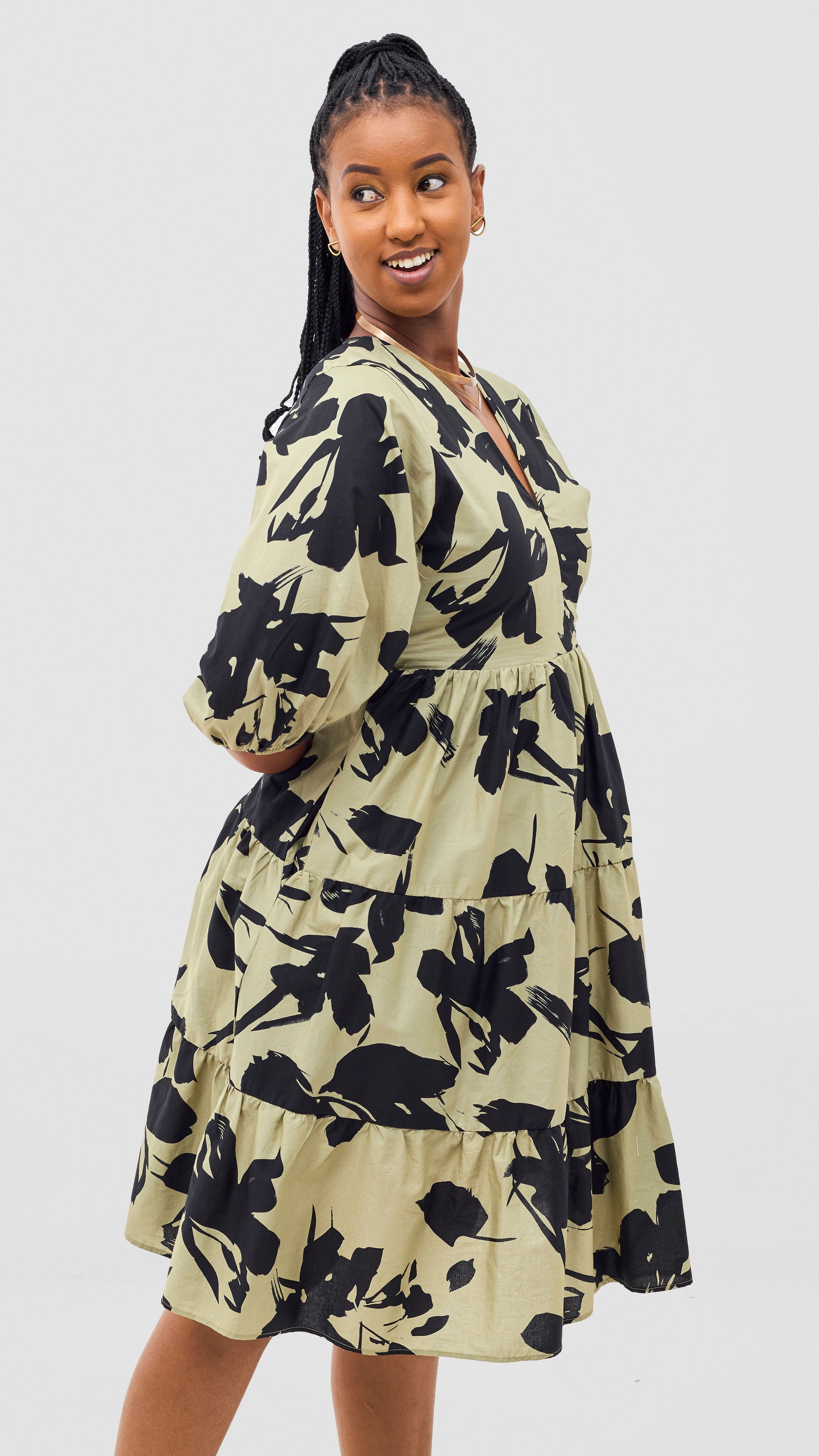 Safari Naledi Bishop Sleeve Tiered Dress - Olive / Black Wia Print