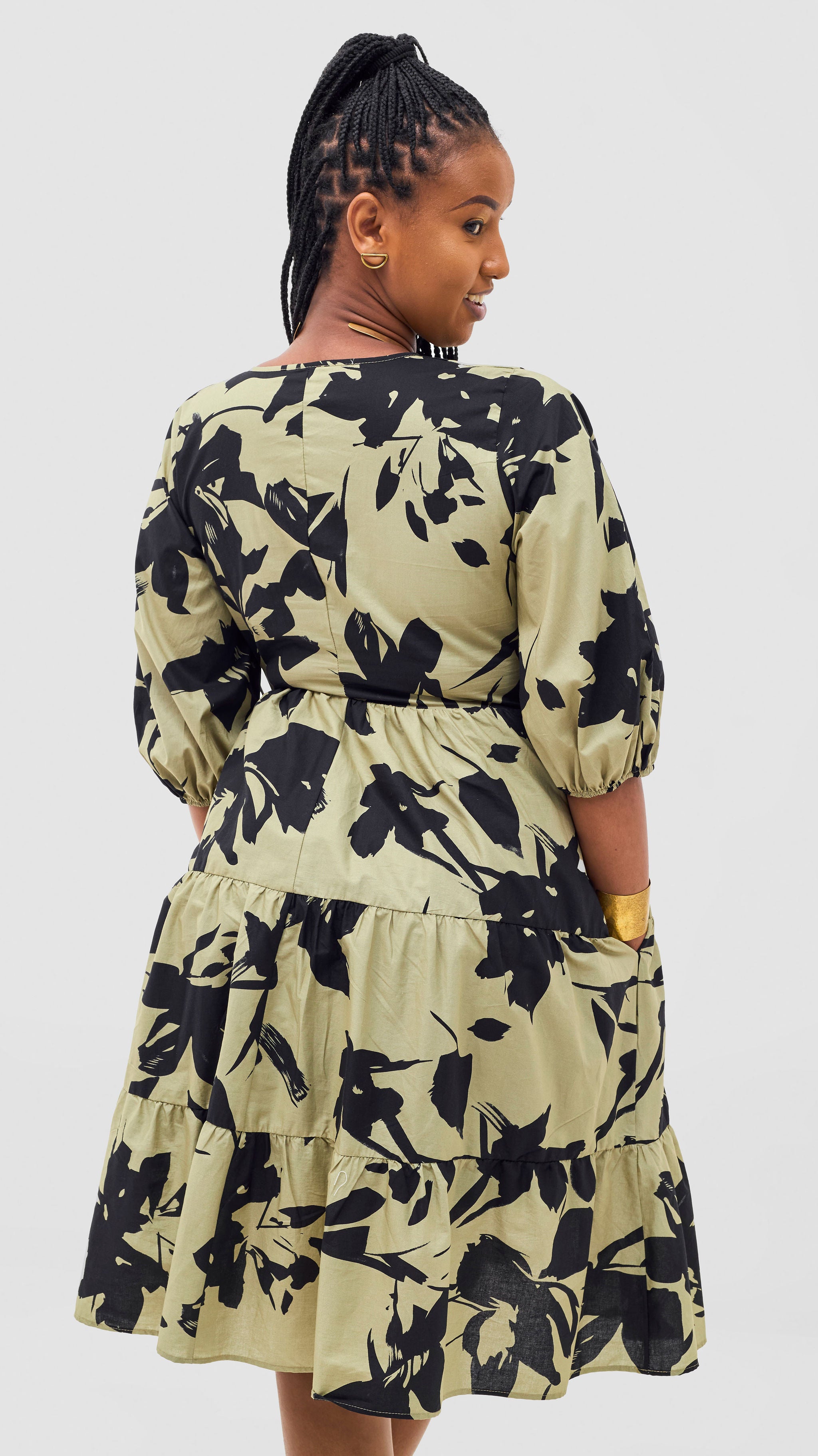 Safari Naledi Bishop Sleeve Tiered Dress - Olive / Black Wia Print
