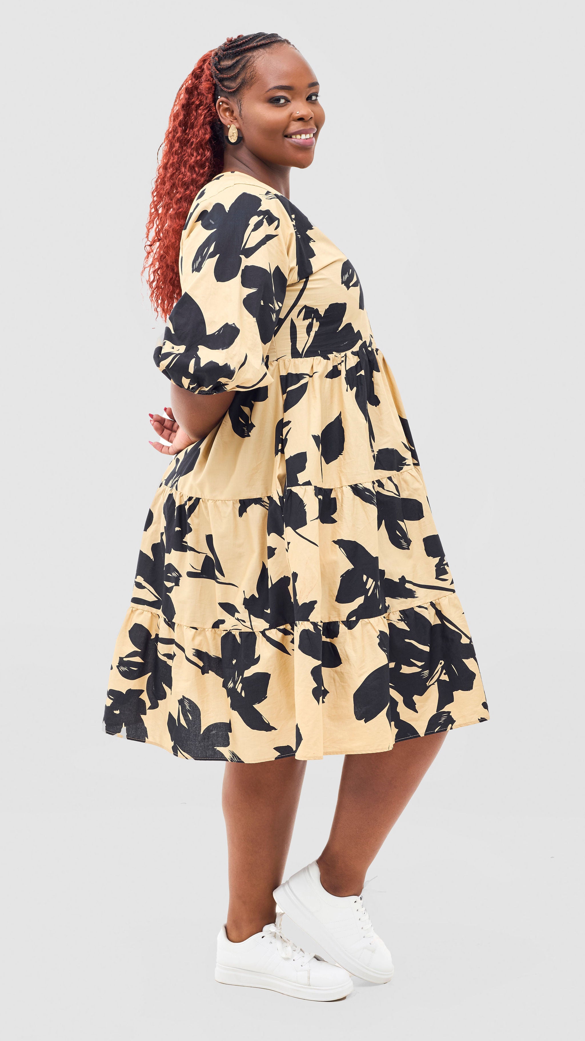 Safari Naledi Bishop Sleeve Tiered Dress - Beige / Black Wia Print
