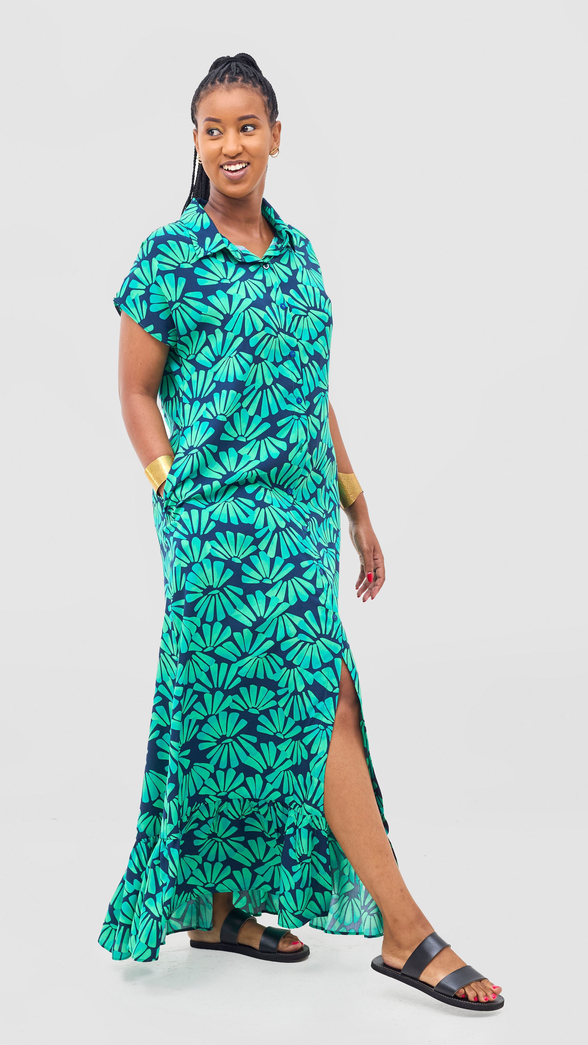 Vivo Maisha Drop Shoulder Maxi Dress - Lime / Navy Mai Print