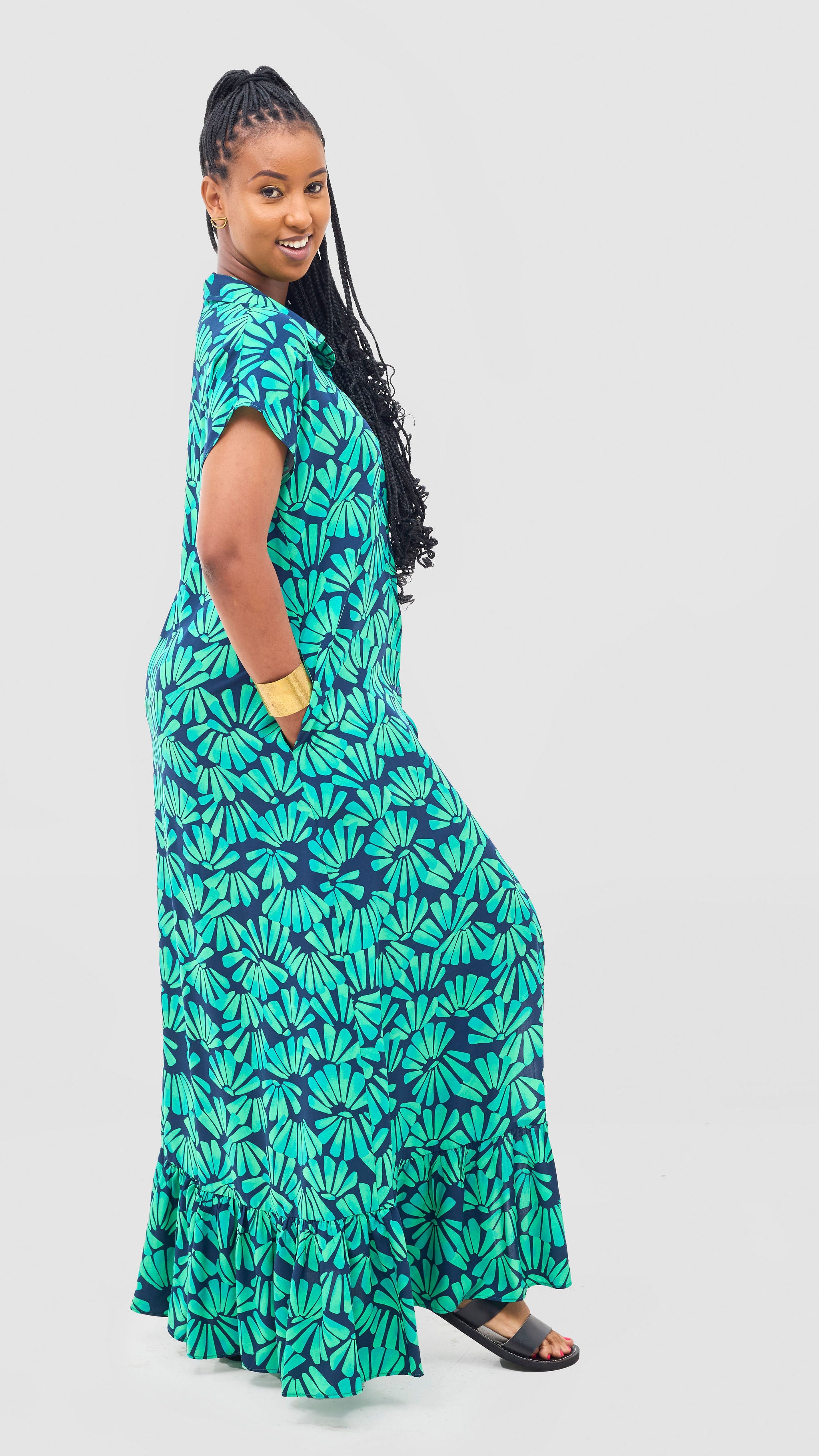 Vivo Maisha Drop Shoulder Maxi Dress - Lime / Navy Mai Print