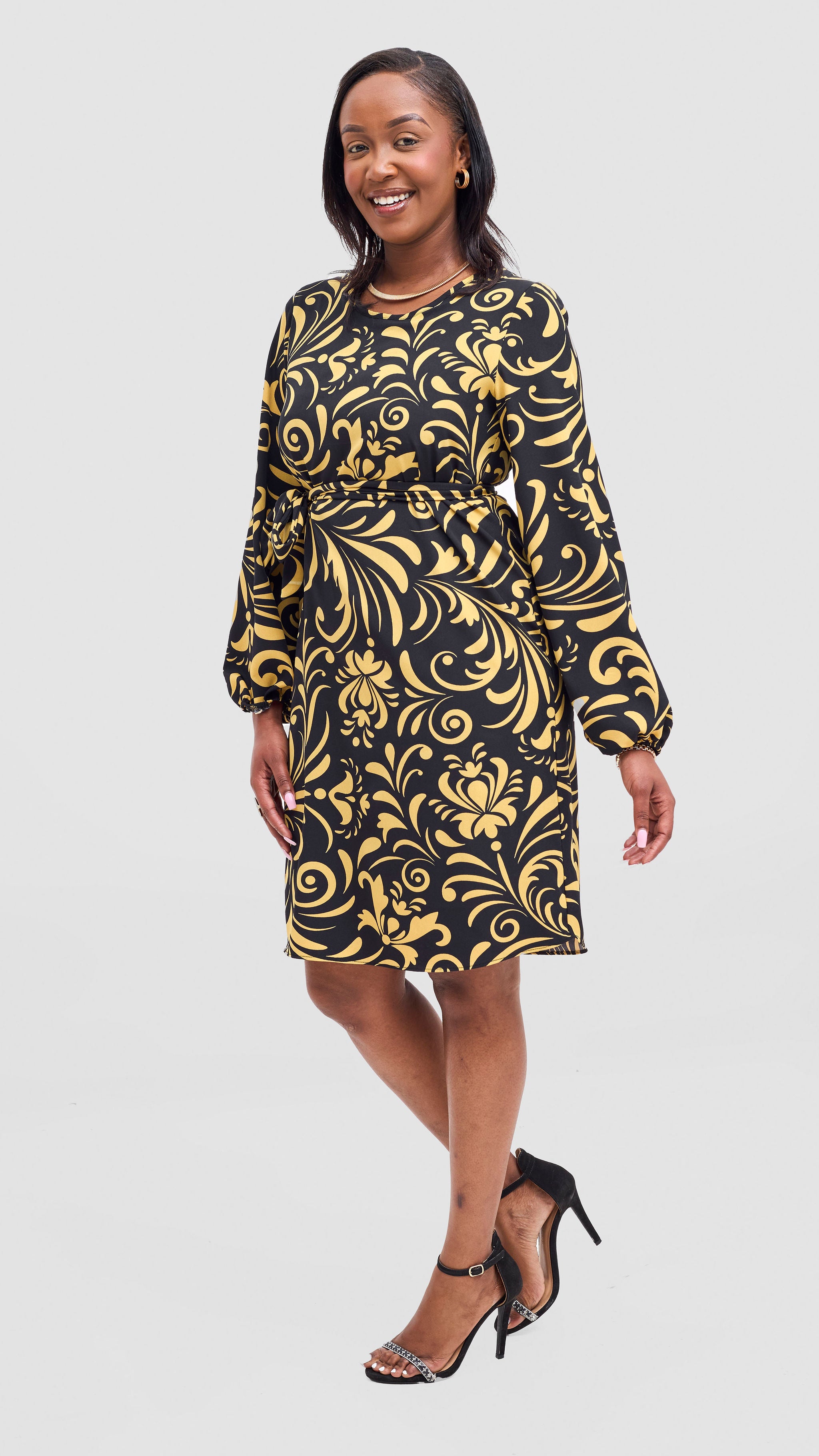 Vivo Zawadi Shift Dress - Black / Yellow Print