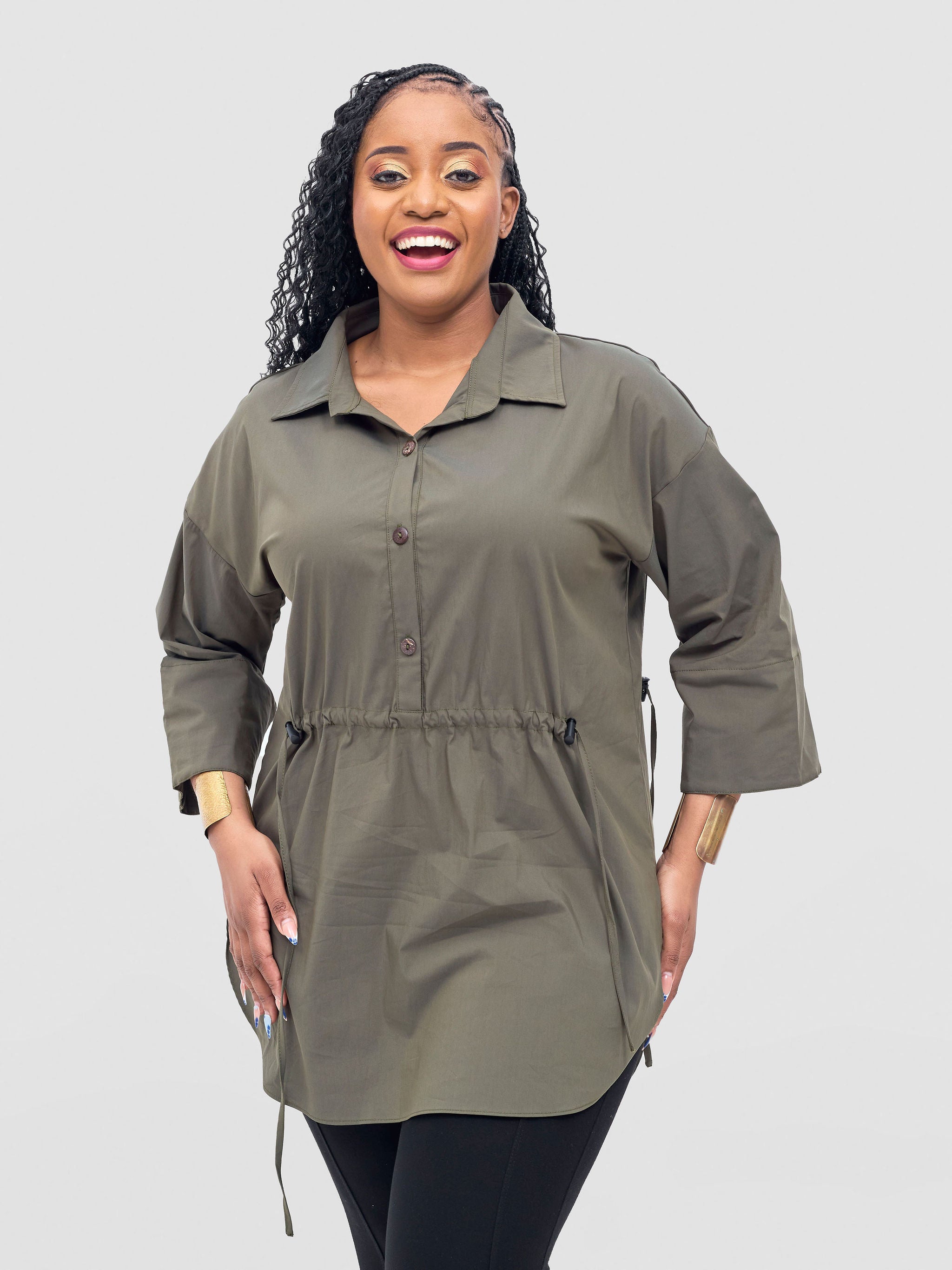 Safari Njano Front Drawstring Tunic Top - Hunters Green