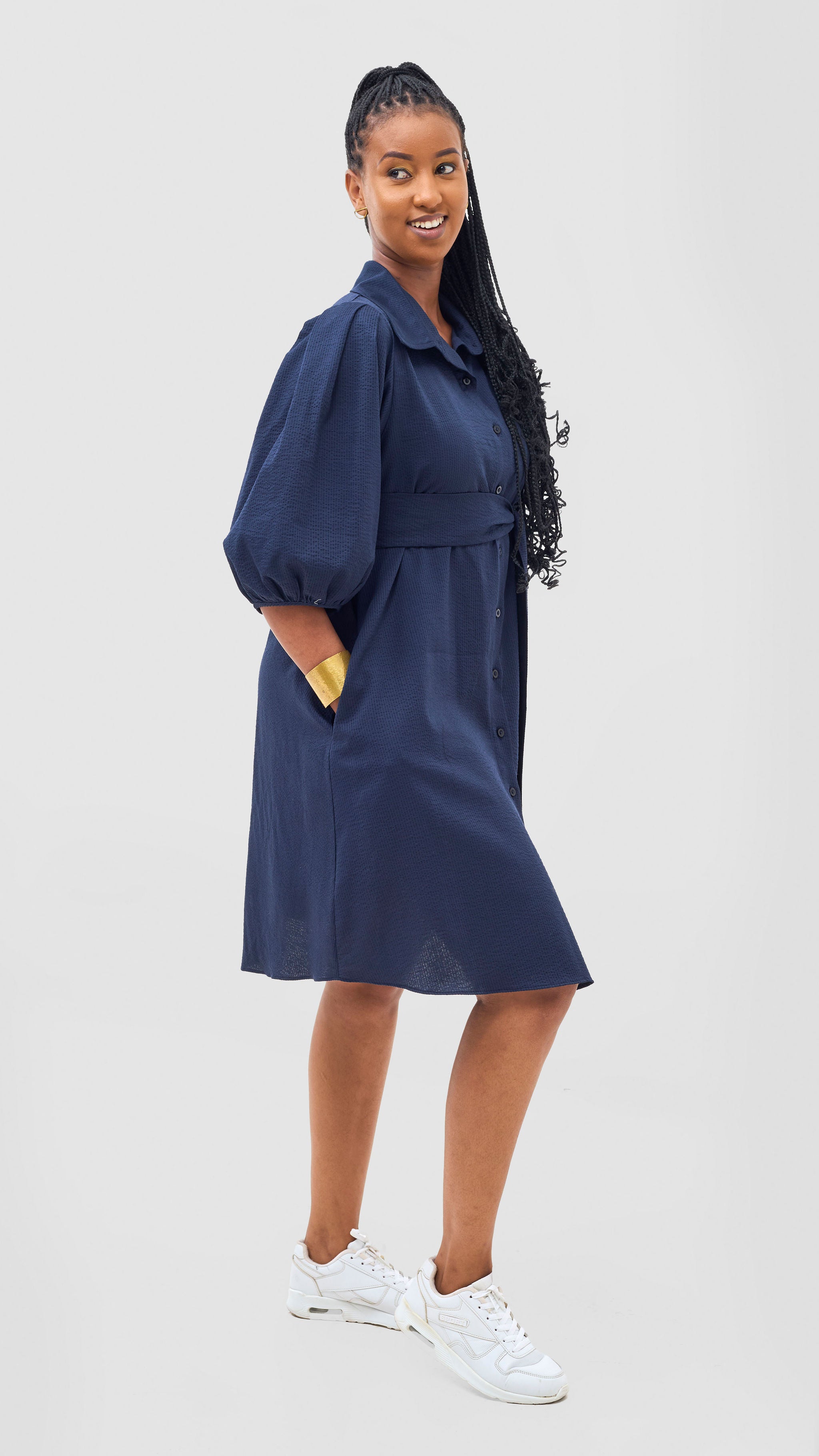 Safari Naledi 3/4 Sleeve Tent Dress - Navy Puff Stripes