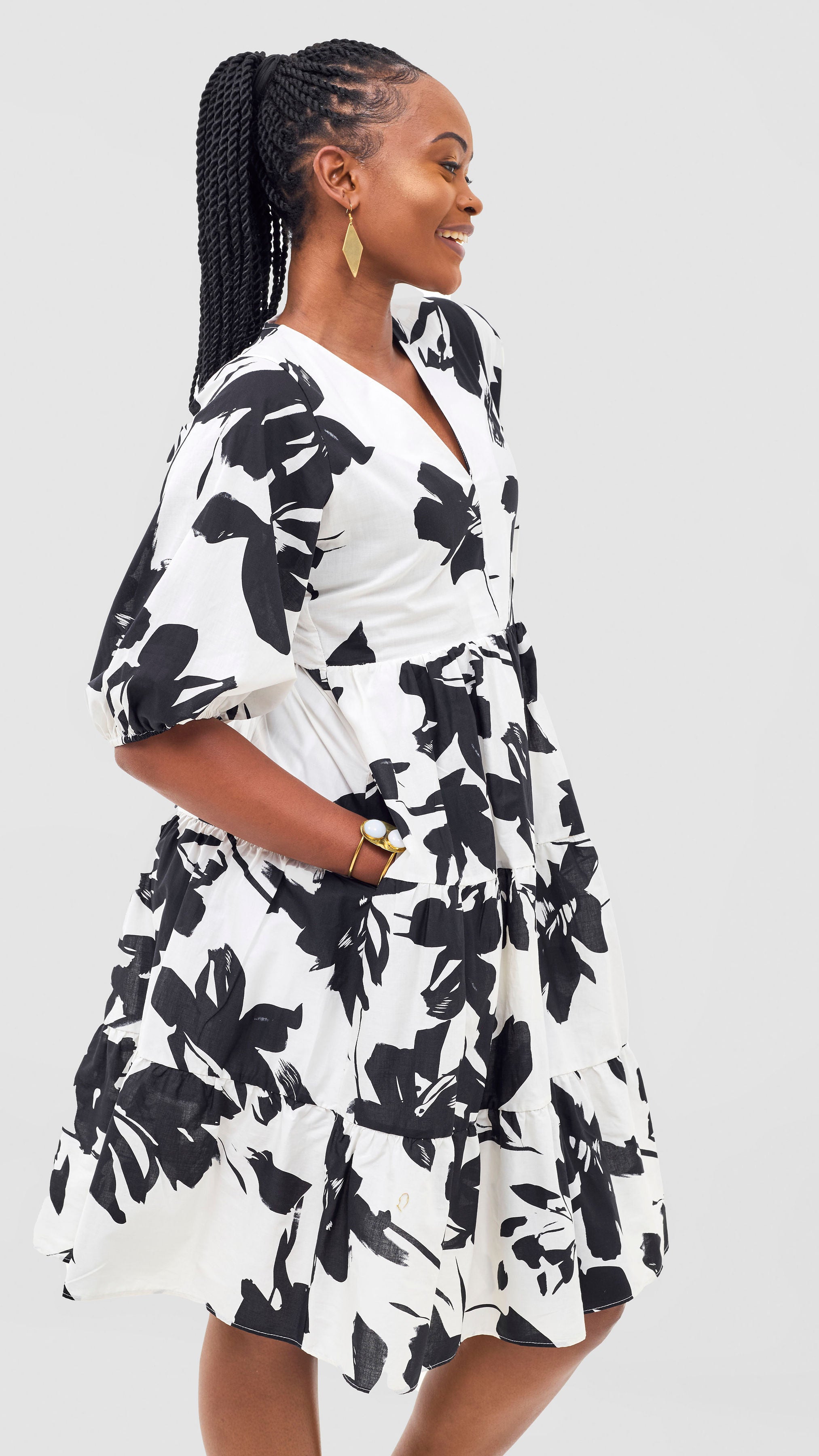 Safari Naledi Bishop Sleeve Tiered Dress - Beige / Black Ledi Print