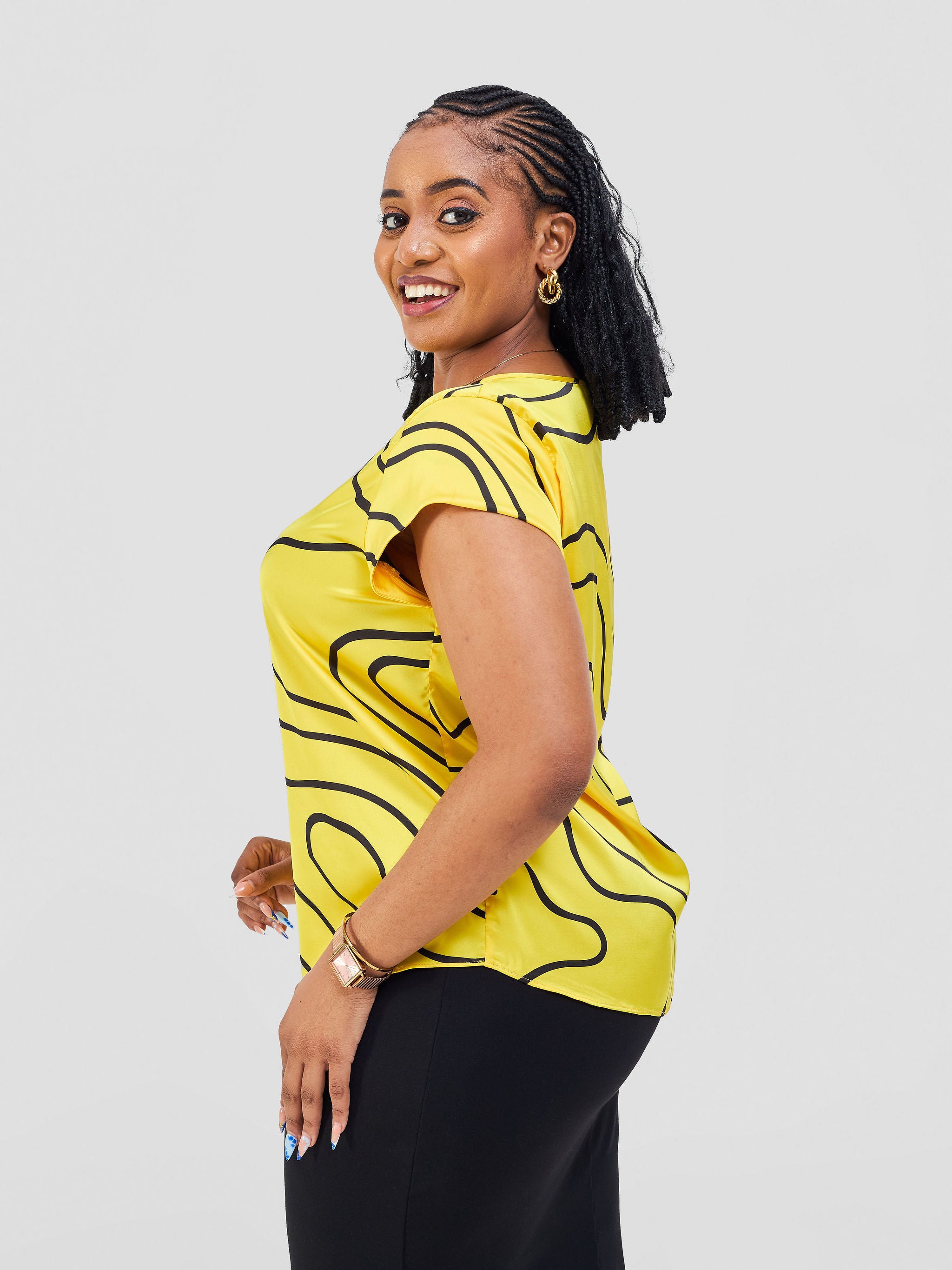 Vivo Basic Satin Cap Sleeve Top - Yellow / Black Hini Print