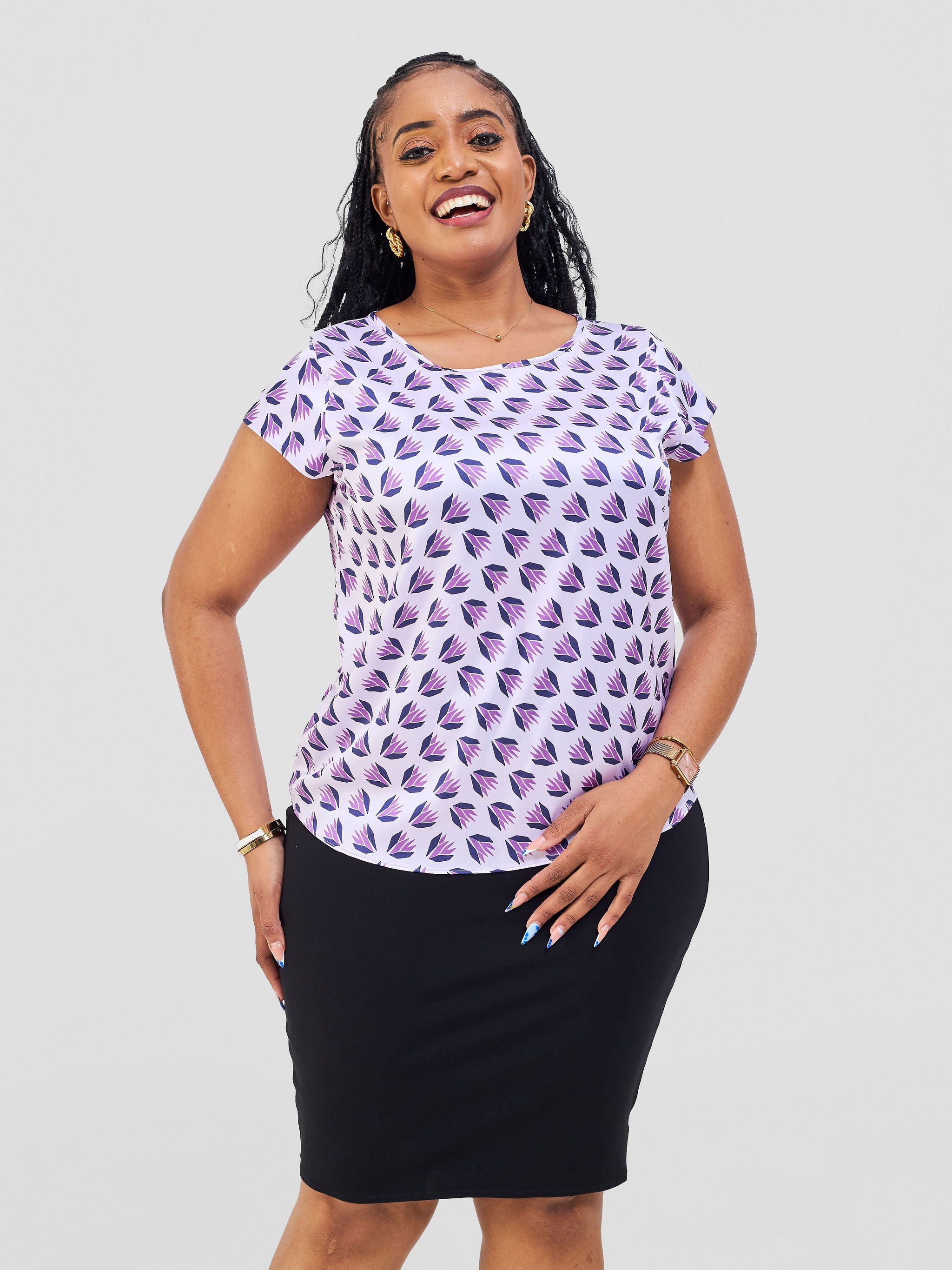 Vivo Basic Satin Cap Sleeve Top - Lilac / Navy Ullu Print