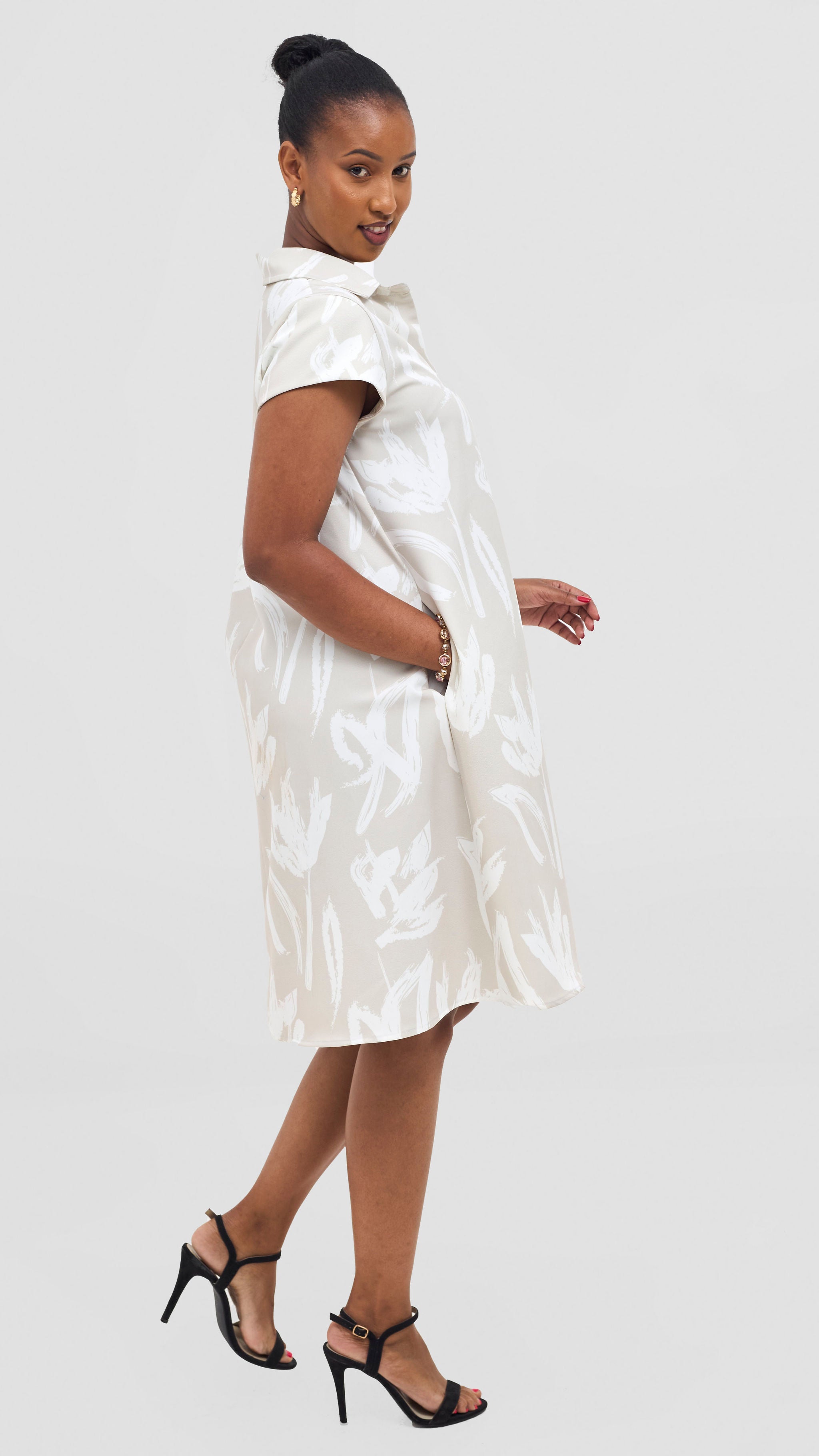 Vivo Mandla Tent Dress - Taupe / White Ela Print