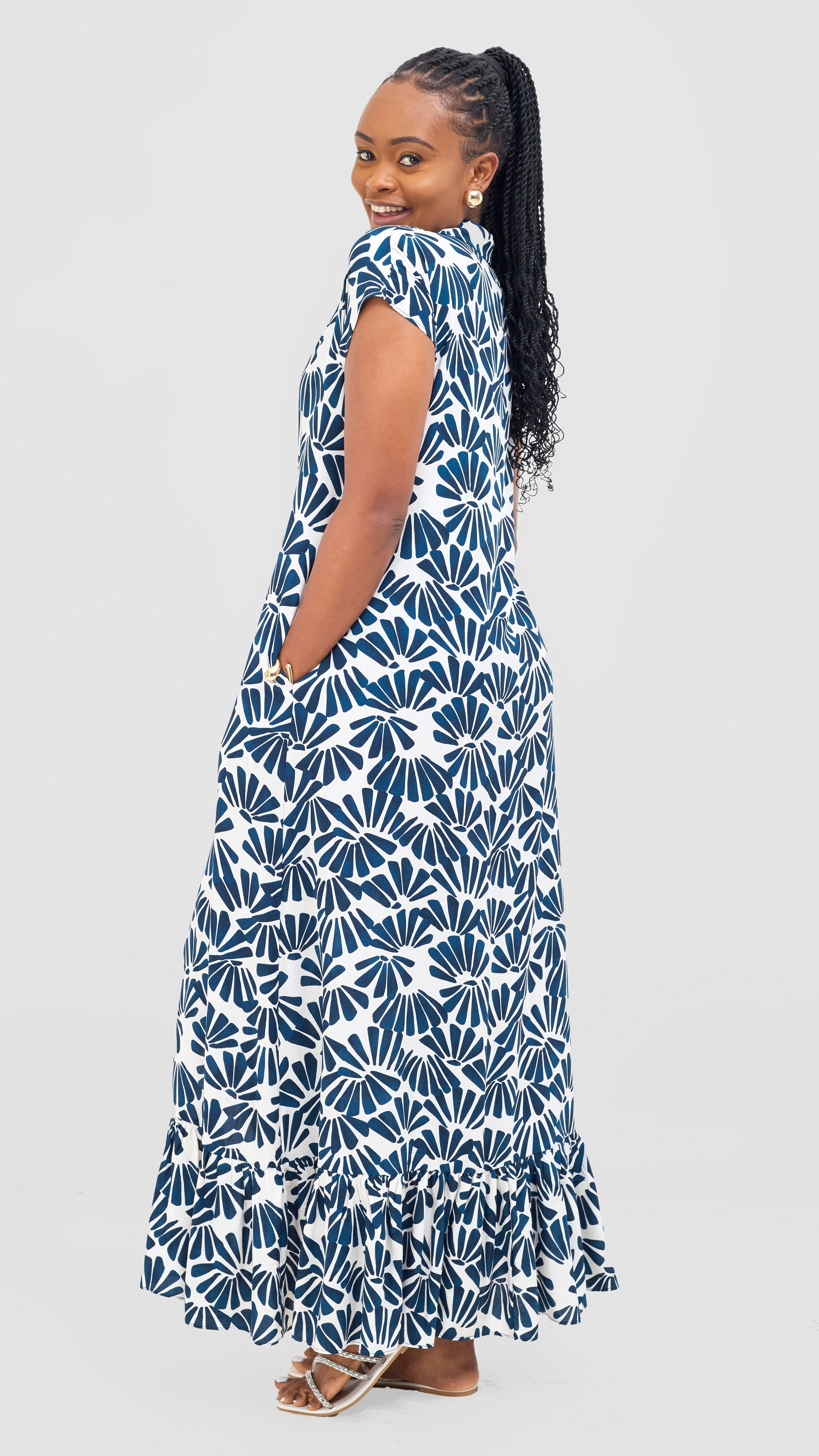 Vivo Maisha Drop Shoulder Maxi Dress - Dark Teal  / White Mai Print