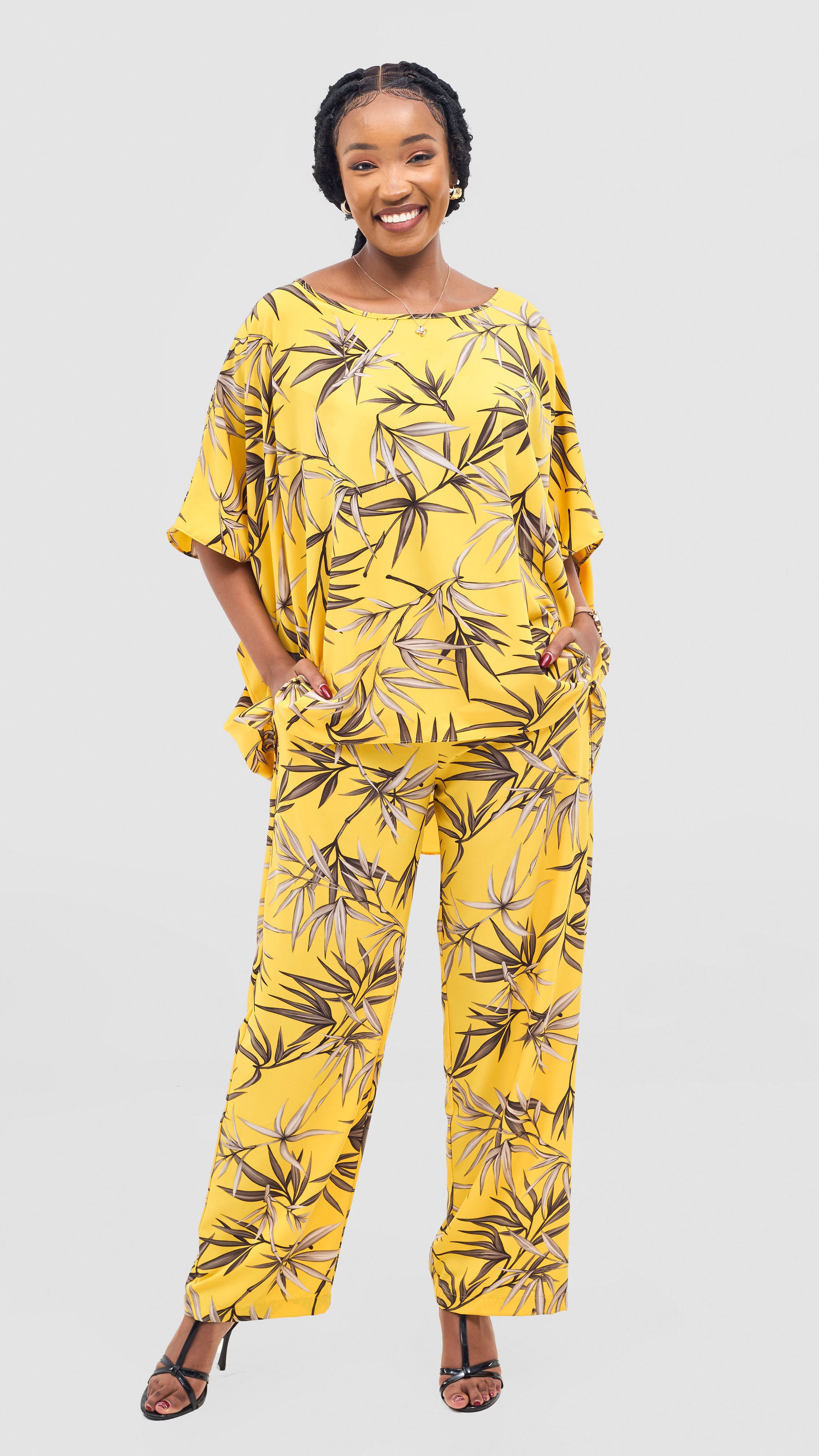 Vivo Mira Straight Leg Pants - Yellow / Brown Print