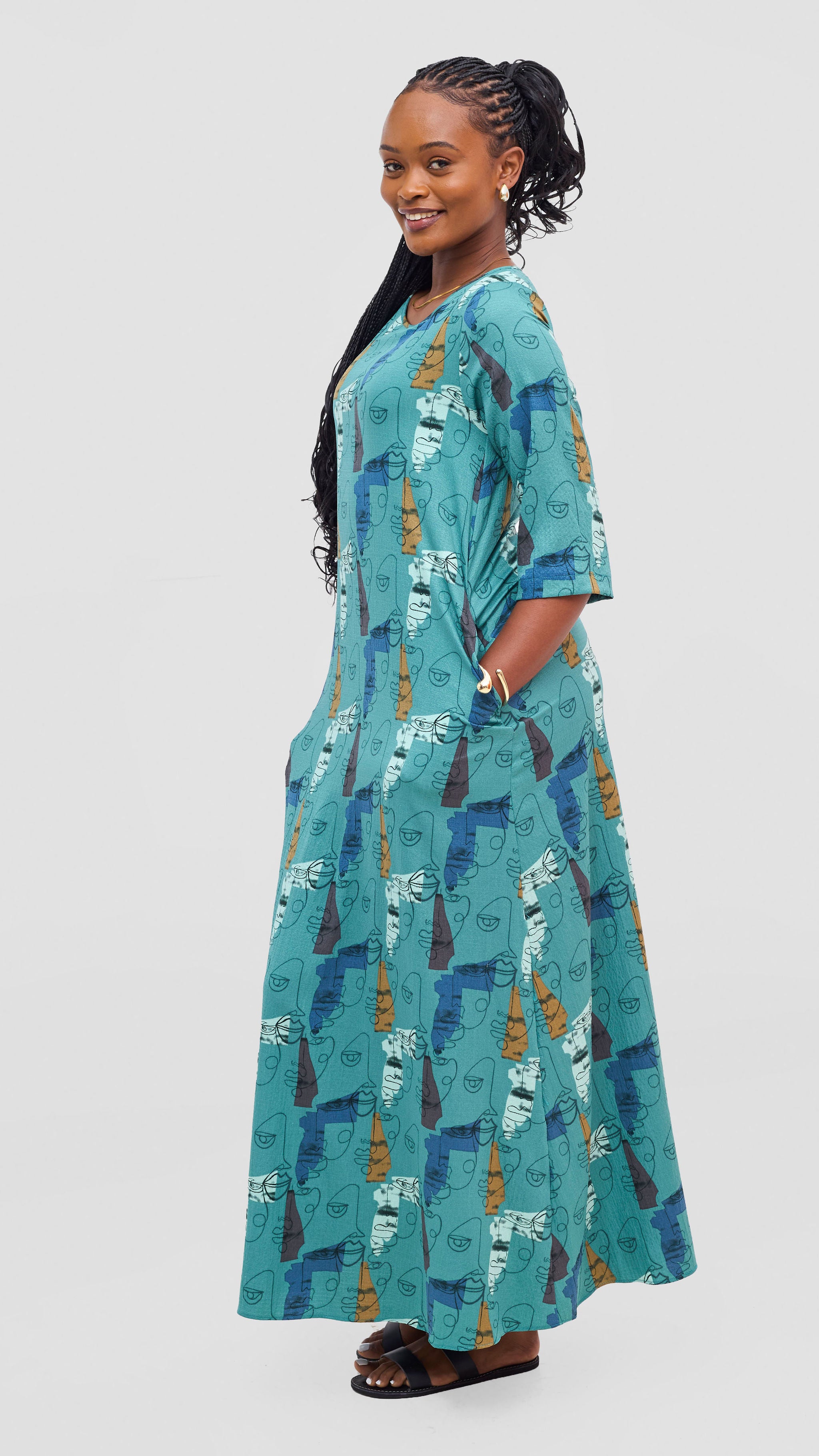Vivo Maisha 3/4 Sleeve Maxi Dress - Teal Mural Print
