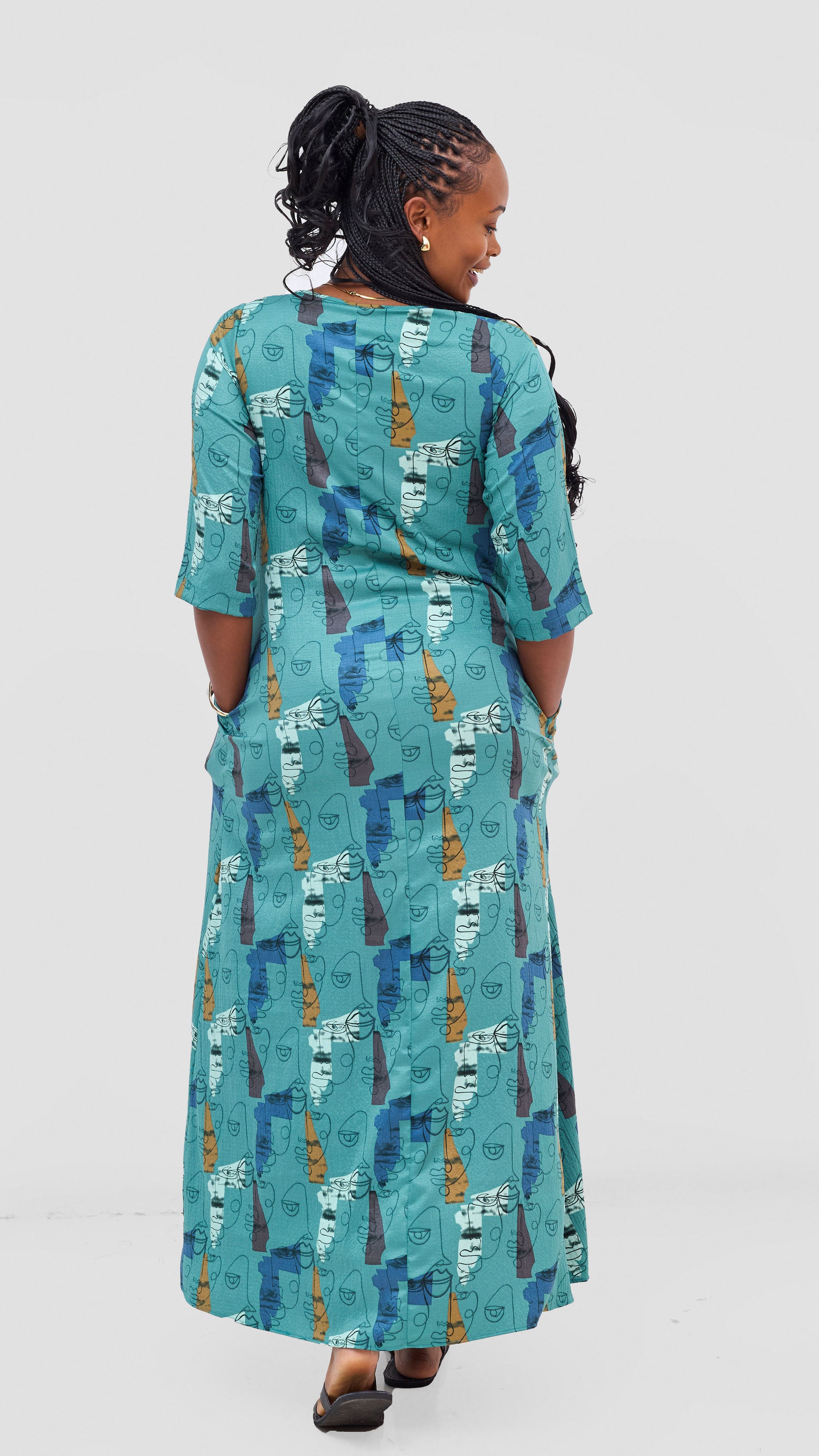 Vivo Maisha 3/4 Sleeve Maxi Dress - Teal Mural Print
