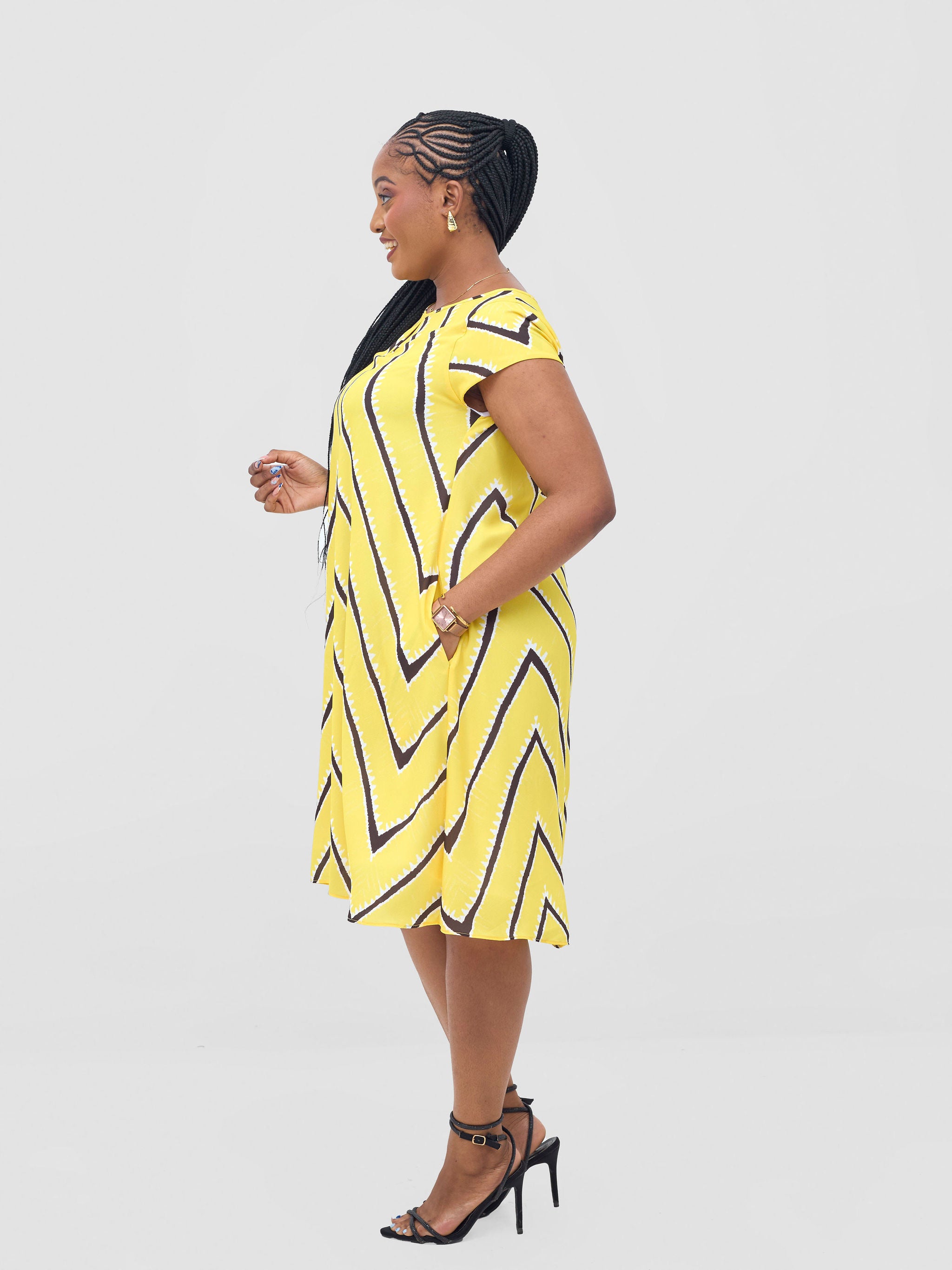Vivo Sierra Cap Sleeve Tent Chiffon Dress - Yellow / Chocolate Sabi Print