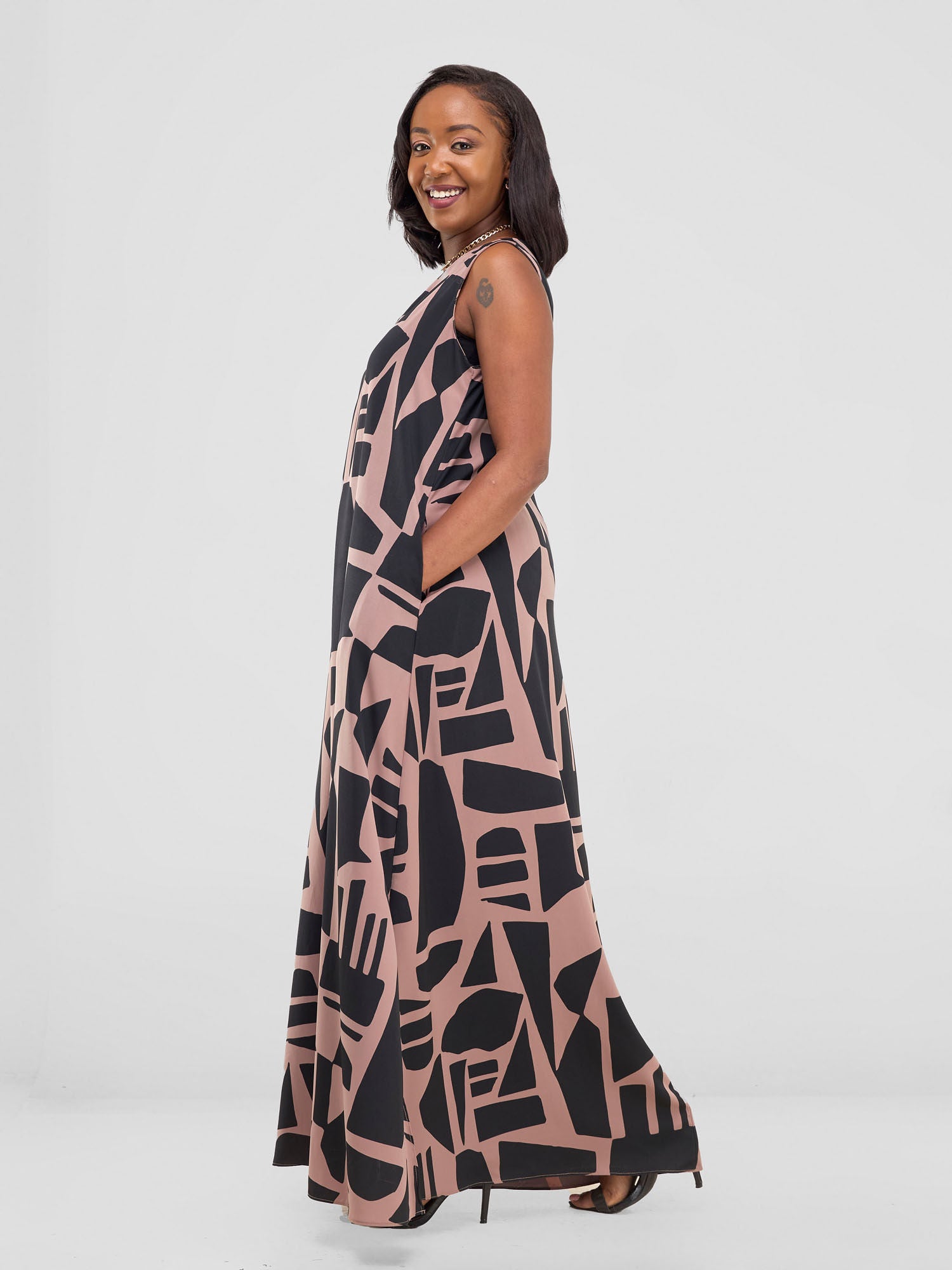 Vivo Ava Front Pleat Maxi Dress Beaver Black Samba Print Vivo Fashion Group Kenya