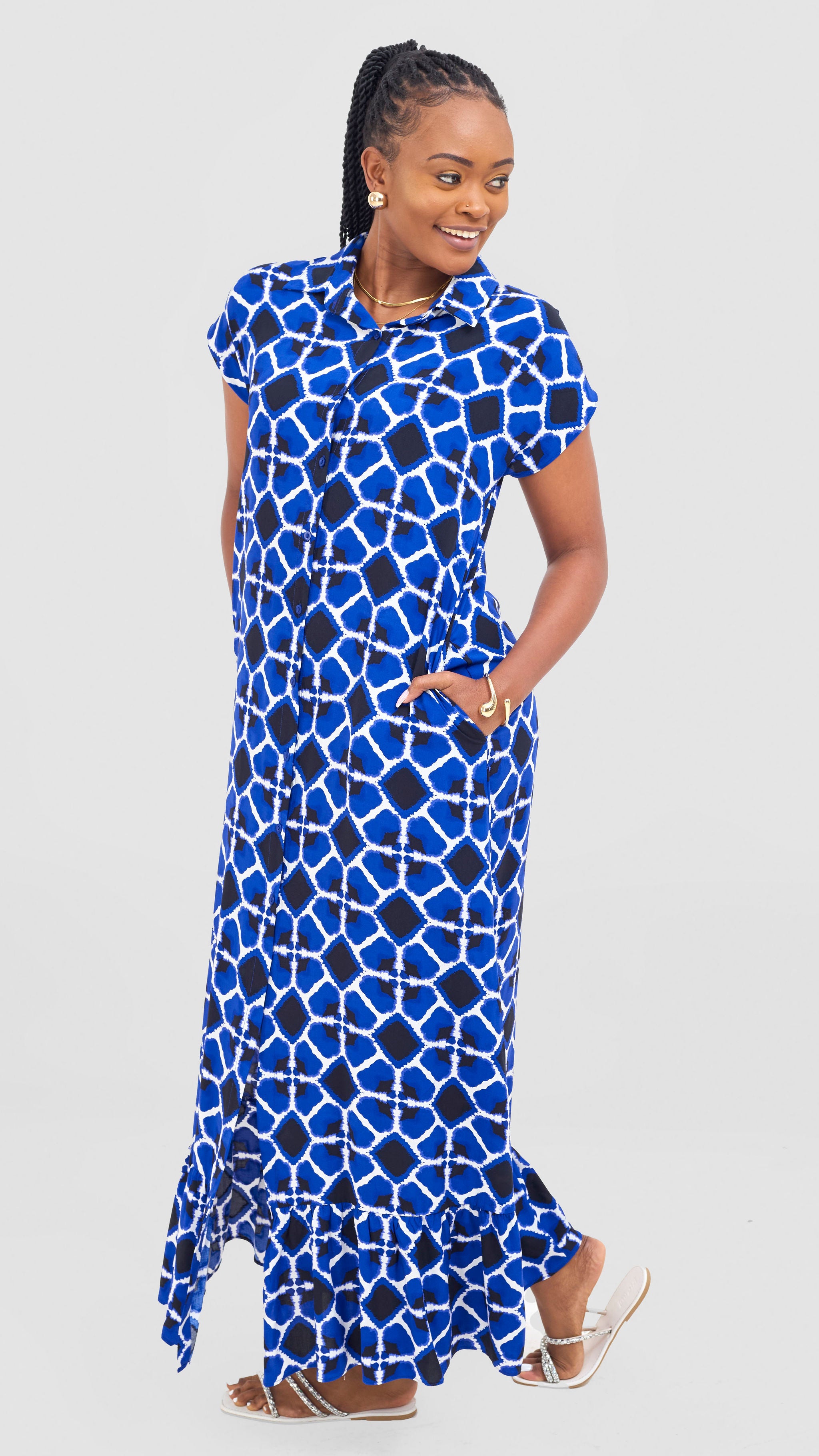 Vivo Maisha Drop Shoulder Maxi Dress - Royal Blue/Black Mai Print