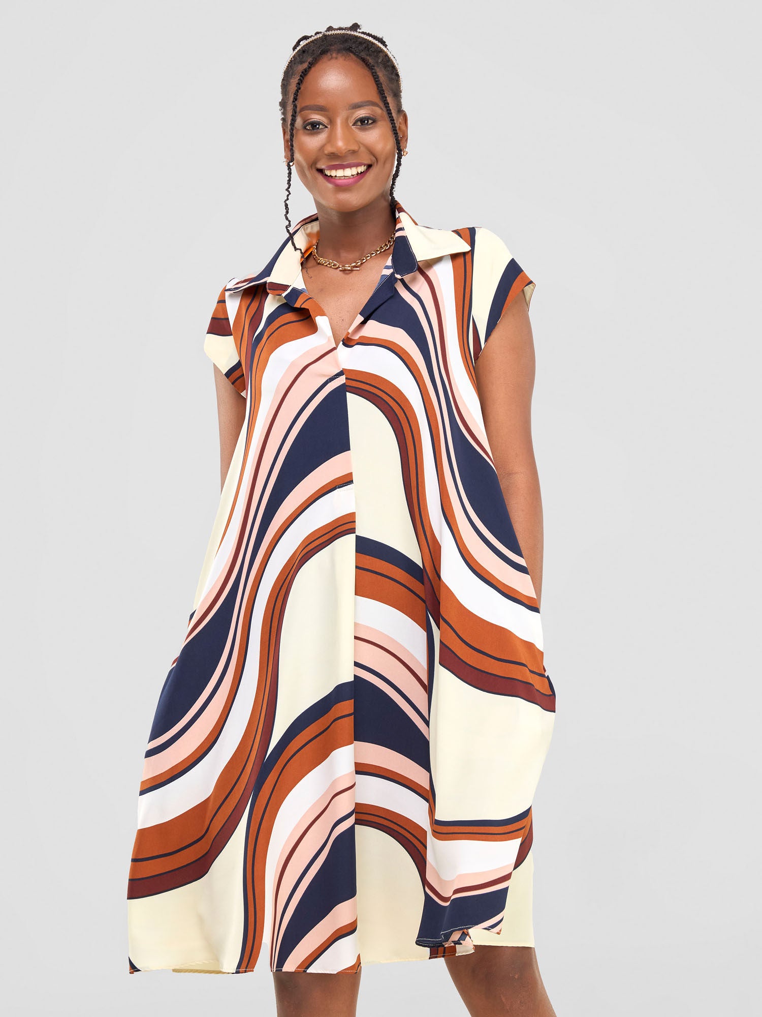 Vivo Yumi Cap Sleeve Dress - Cream / Rust Print