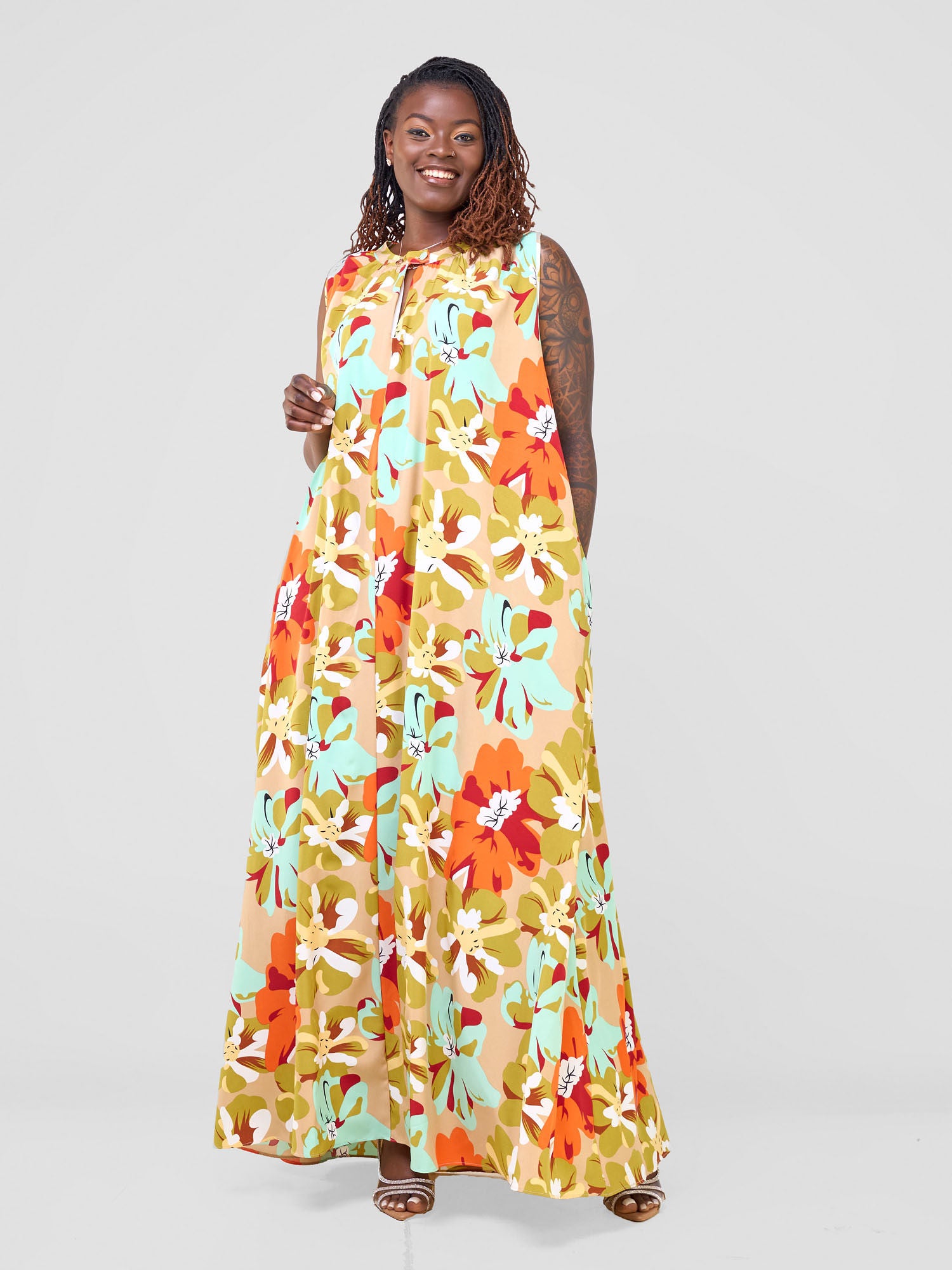 Vivo Ava Tent Maxi Dress - Orange / Olive Multicolor Print