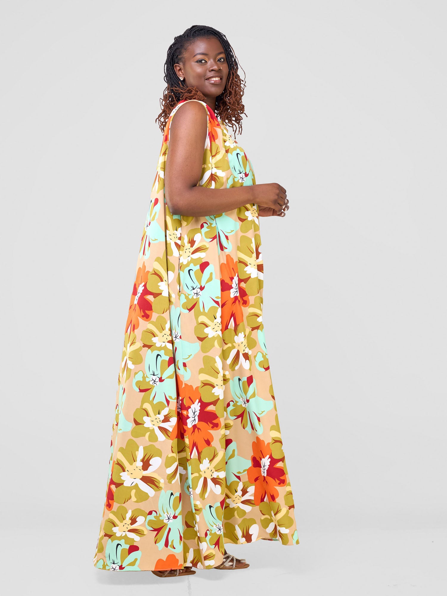 Vivo Ava Tent Maxi Dress - Orange / Olive Multicolor Print