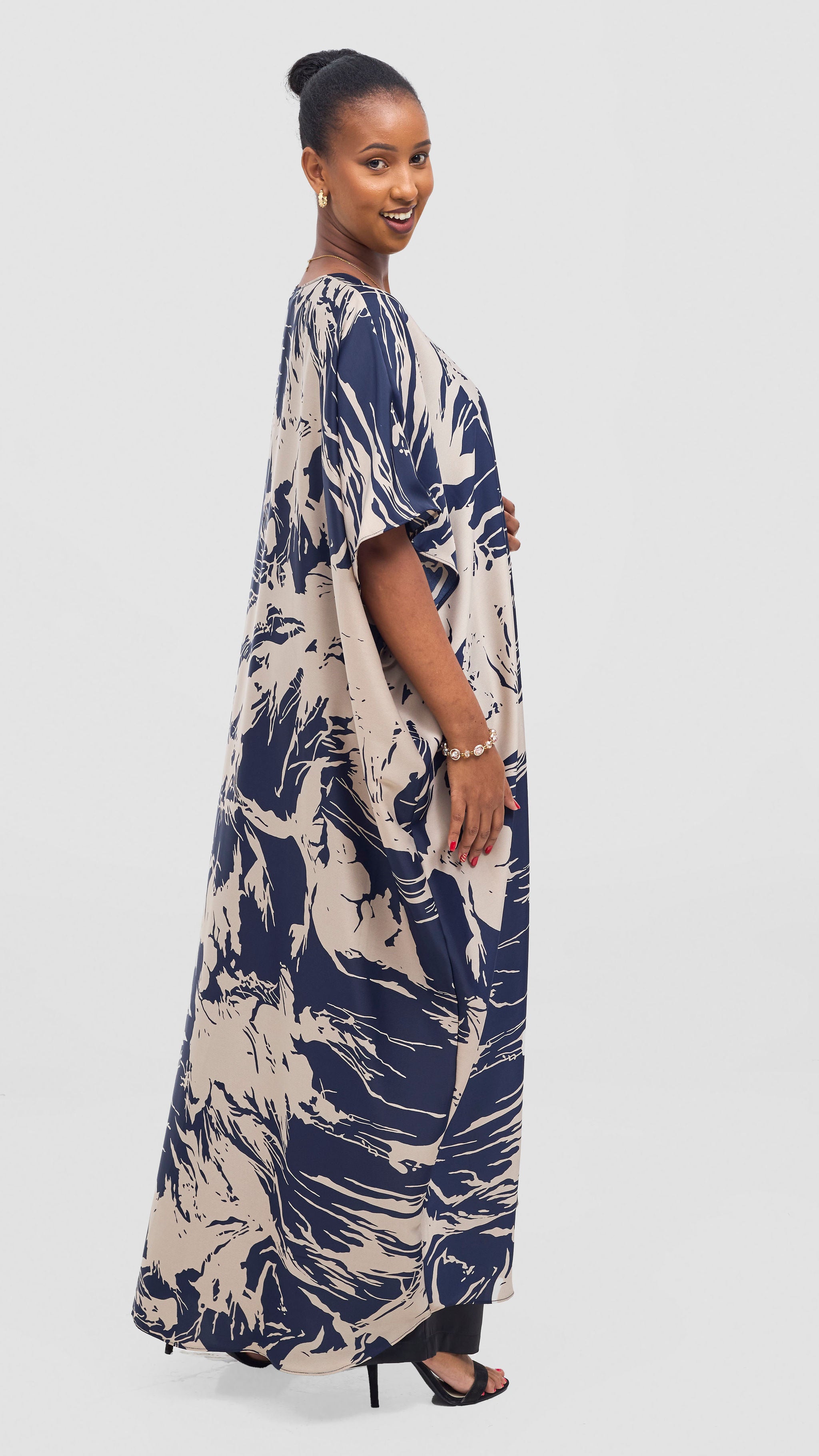 Vivo Keza Wide Satin Kimono -  Navy / Taupe Print
