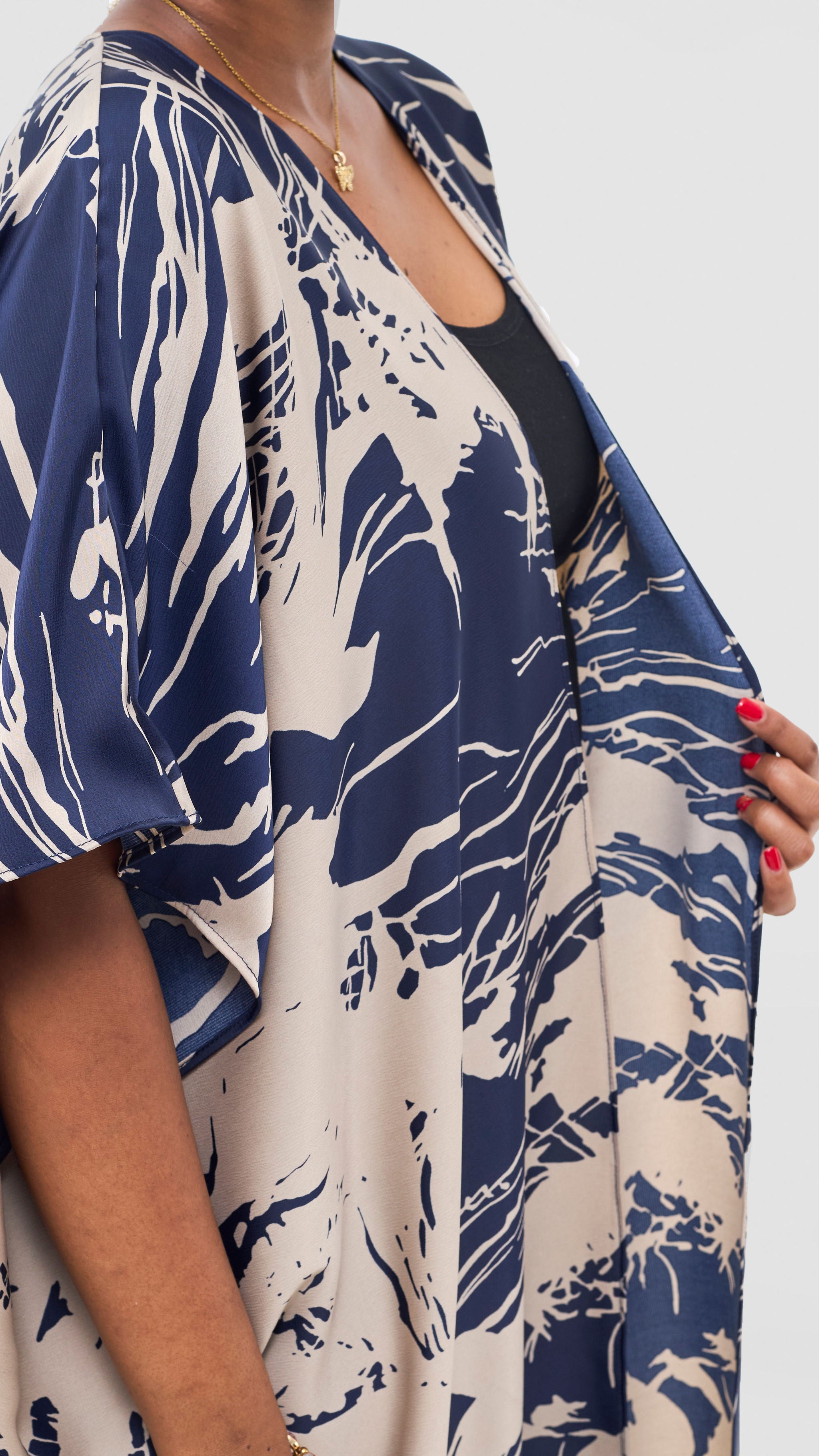 Vivo Keza Wide Satin Kimono -  Navy / Taupe Print